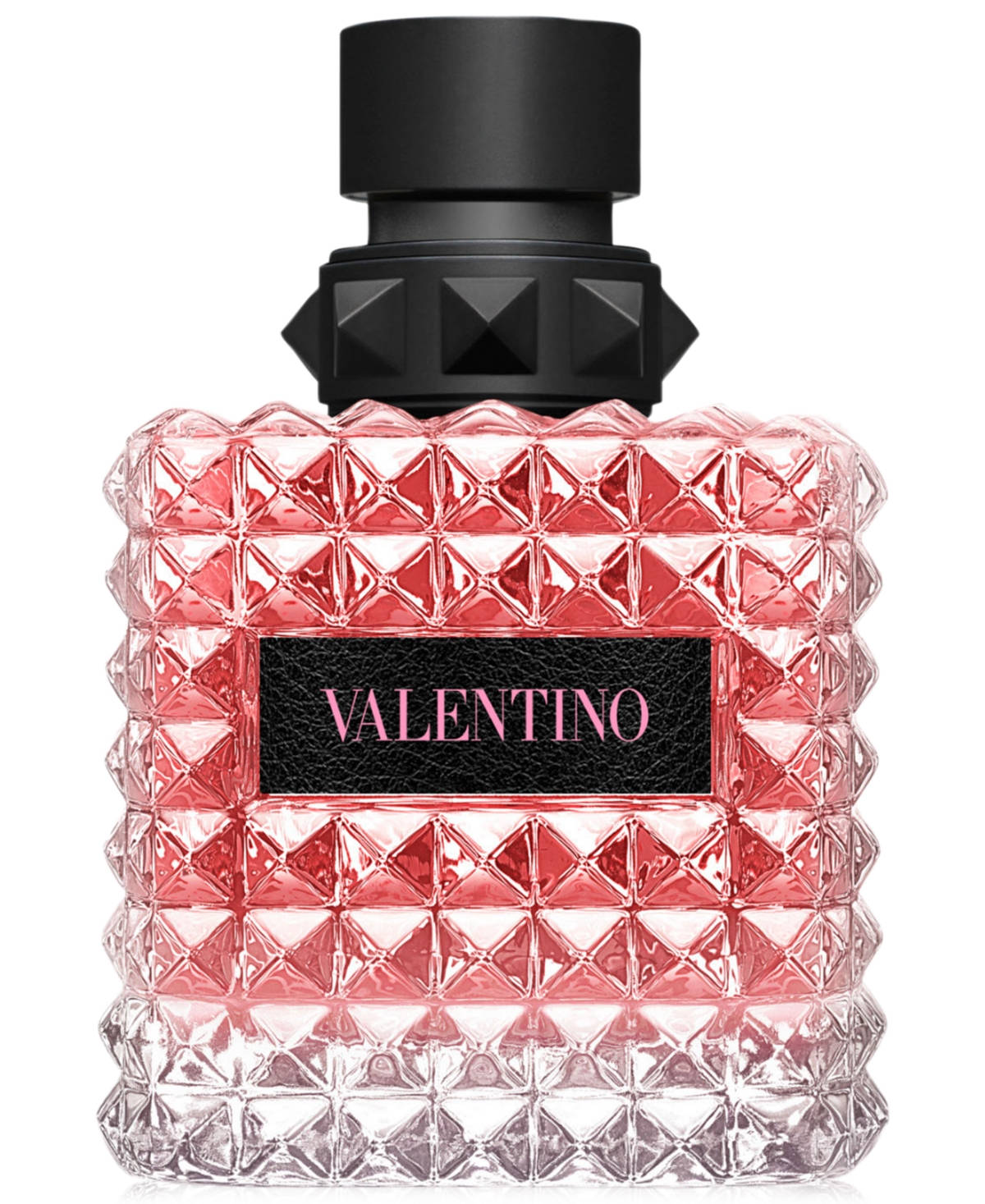 Valentino 香水瓶，帶有粉紅色鑽石切割玻璃和黑色鉚釘蓋。