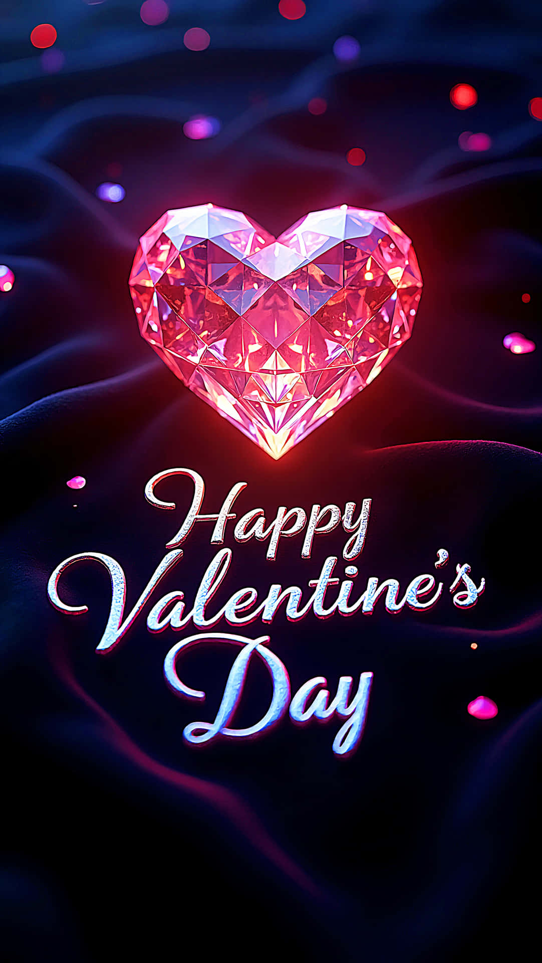 一顆發光的粉紅色鑽石心臟，帶有「Happy Valentine's Day」文字，在深色布料上帶有漂浮的閃光