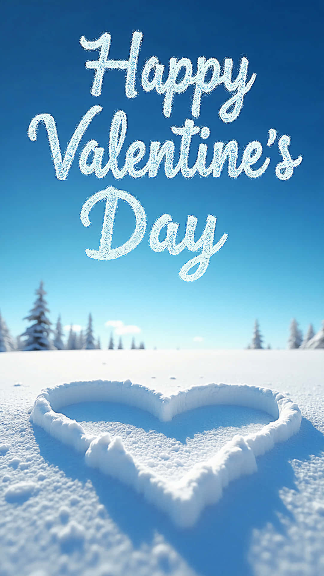 雪地上畫的心形，藍天和松樹背景下霜凍字體的「Happy Valentine's Day」文字