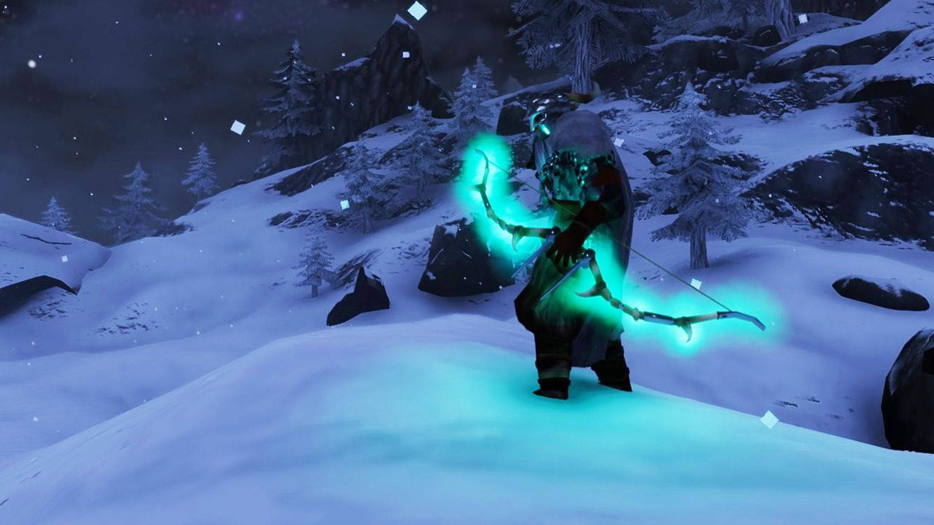 一個發光的藍色弓箭手夜晚站在雪山上。