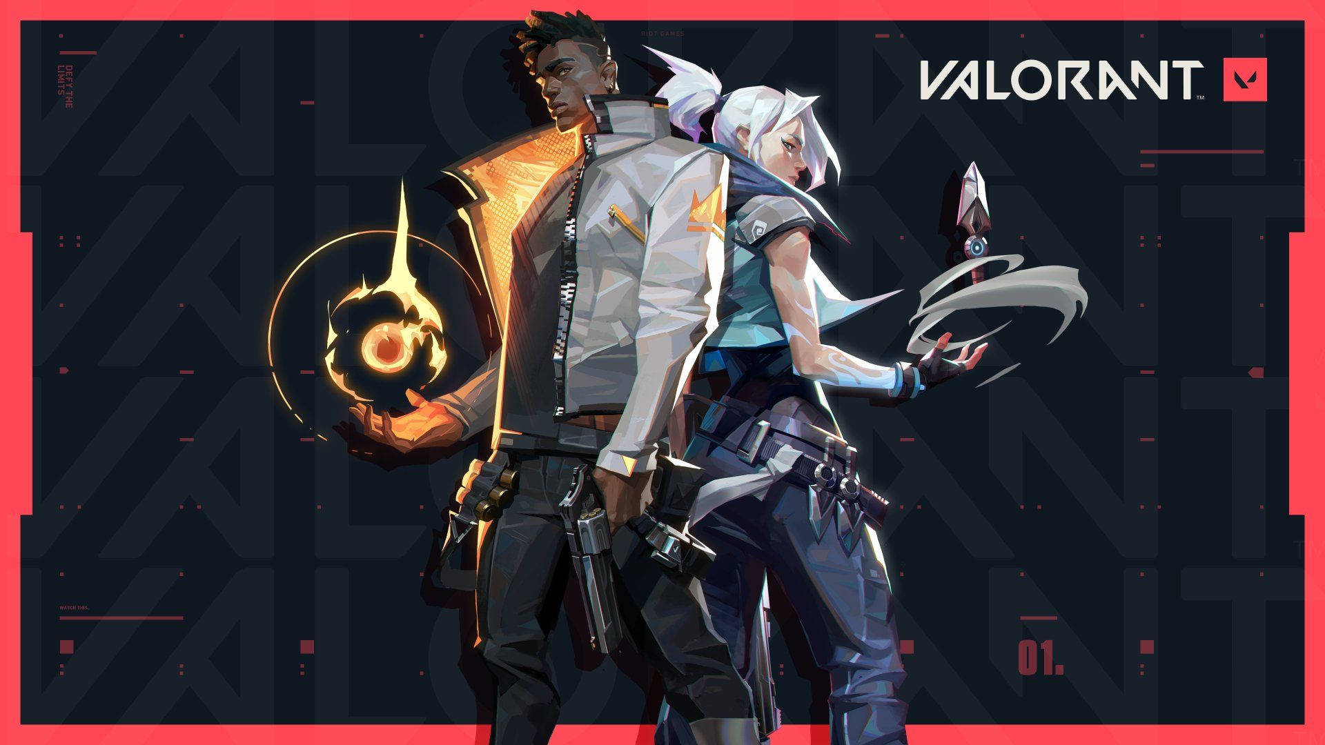 《Valorant》傑特與鳳凰電腦壁紙 壁紙 — 兩名Valorant特工背對著發光的橙色能量球，站在紅色邊框的深色幾何背景前。
