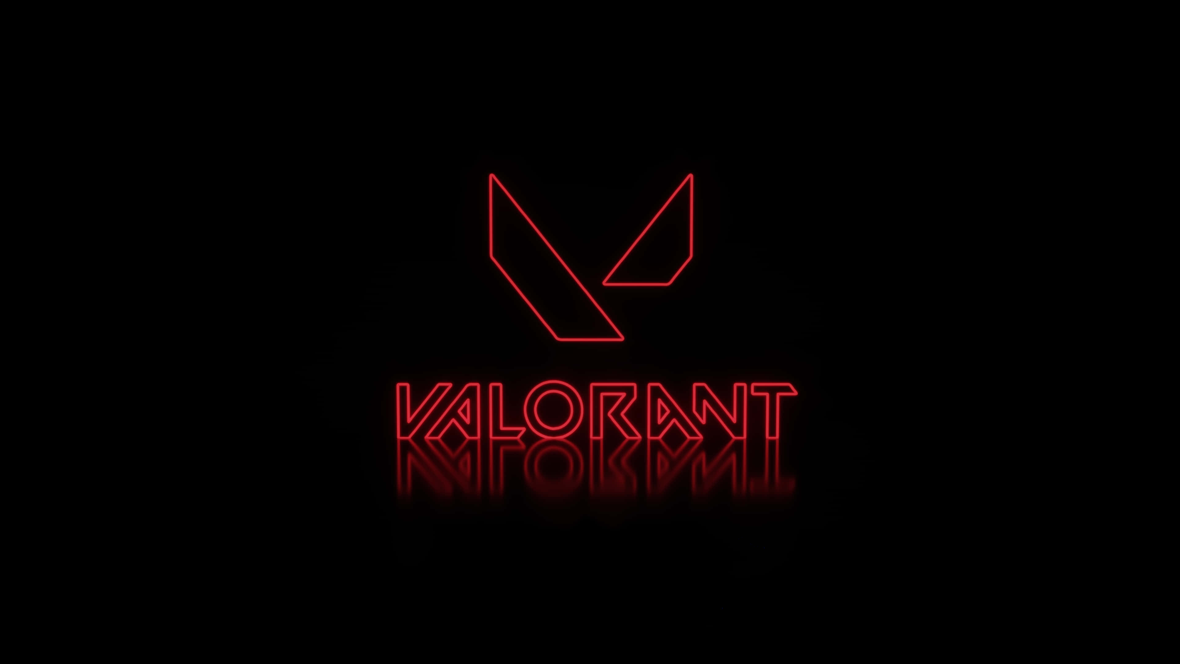 《Valorant》紅色霓虹燈桌面壁紙 壁紙 — 發光的紅色霓虹燈 Valorant 標誌，帶有反射表面，背景為黑色。