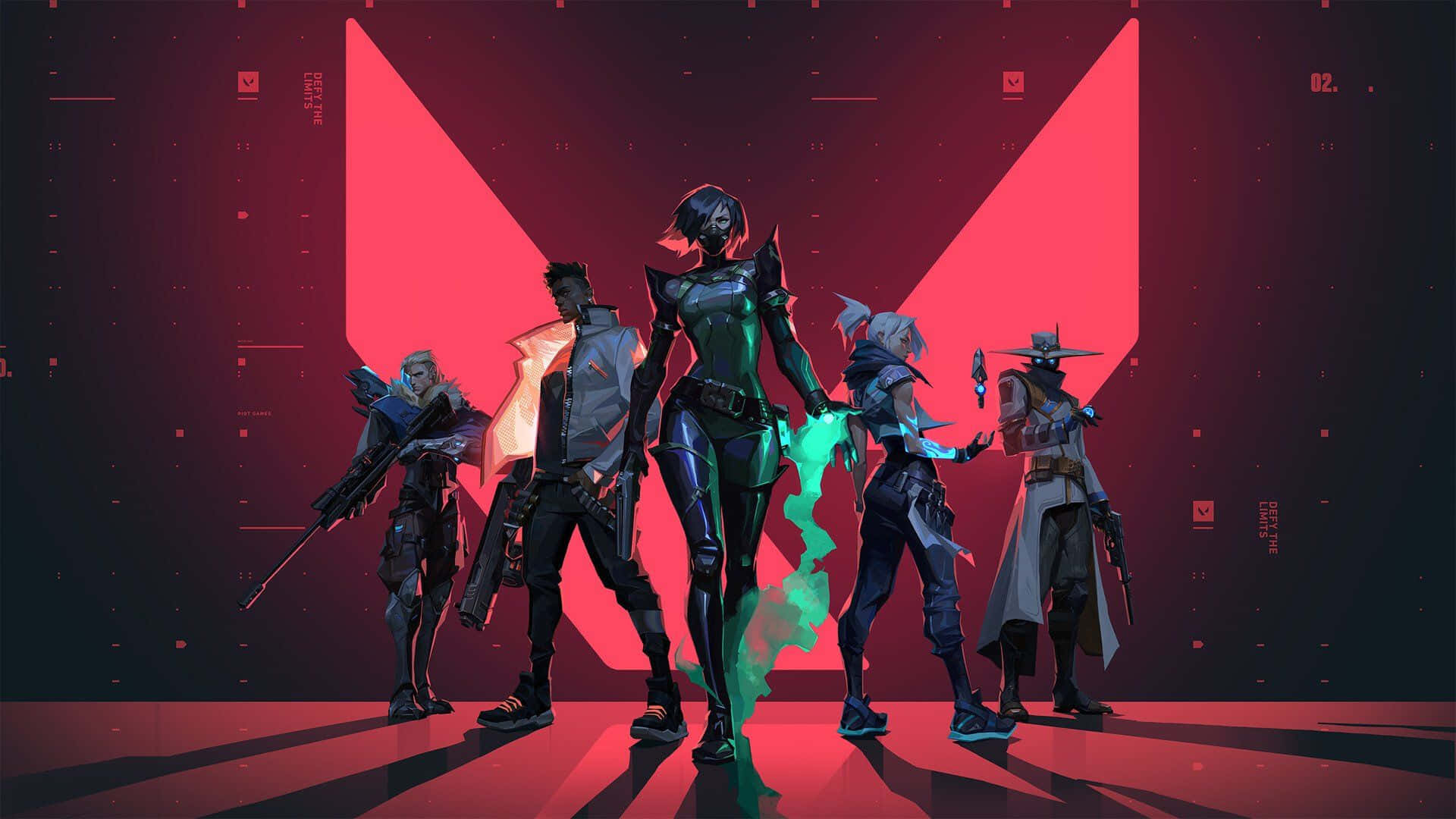 Valorant 1920x1080桌面主題 壁紙 — 五位風格化的未來戰士站在一個發光的紅色數位競技場中，帶有霓虹燈點綴和銳利的陰影。