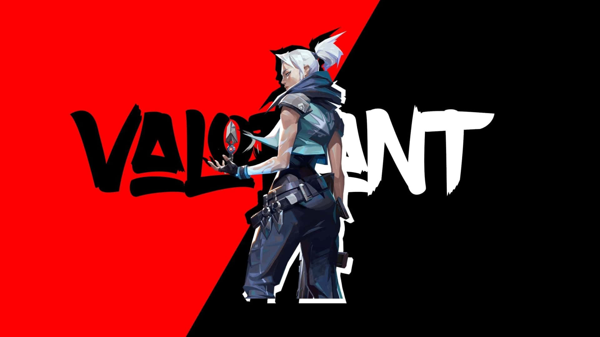 Valorant 1920x1080桌面主題 壁紙 — 一個風格化的Valorant角色，白色頭髮，側面站立，背景是鮮明的紅色和黑色對角分割，帶有遊戲標誌。
