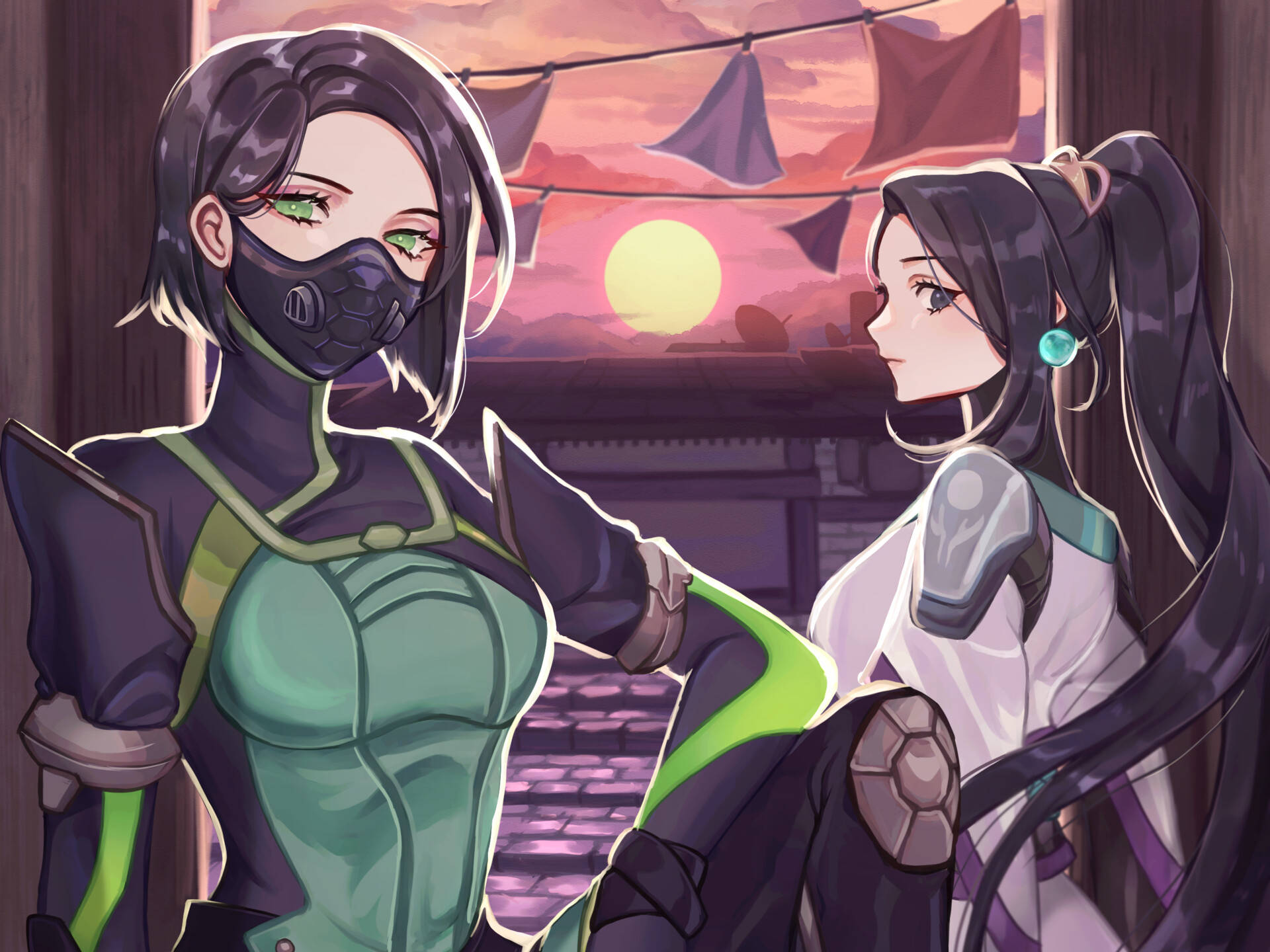 《Valorant》4K Viper 與 Jade 壁紙 — 兩個身穿戰鬥裝備的動漫角色在夕陽背景下，掛著橫幅，面對面站立。