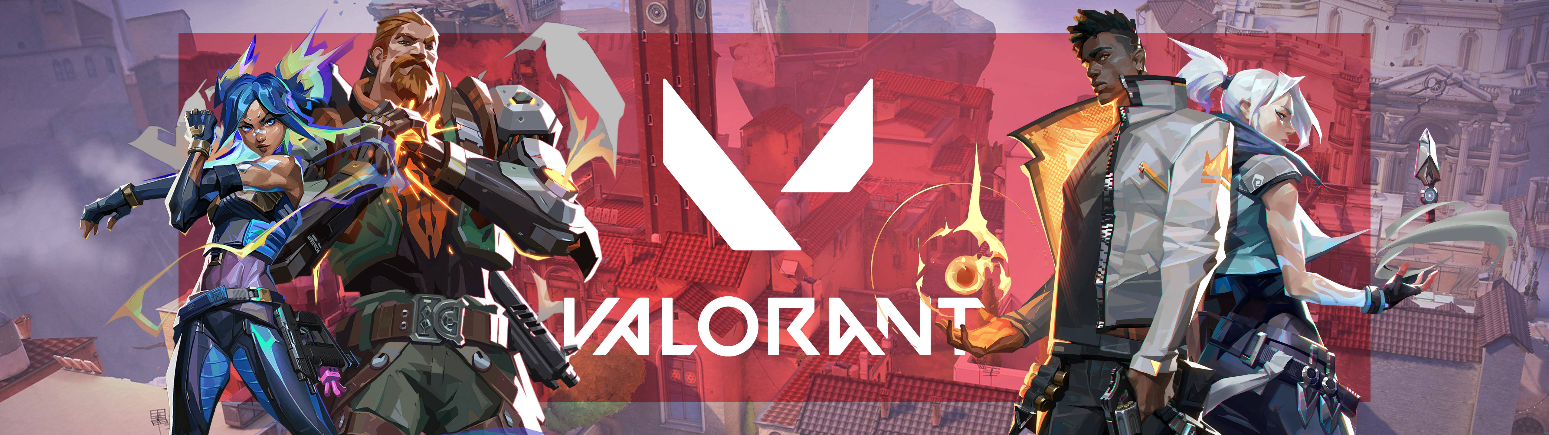 知名 Valorant 角色 5120x1440 遊戲壁紙 壁紙 — 四位 Valorant 特務以動感戰鬥姿勢手持發光武器，背景為城市。