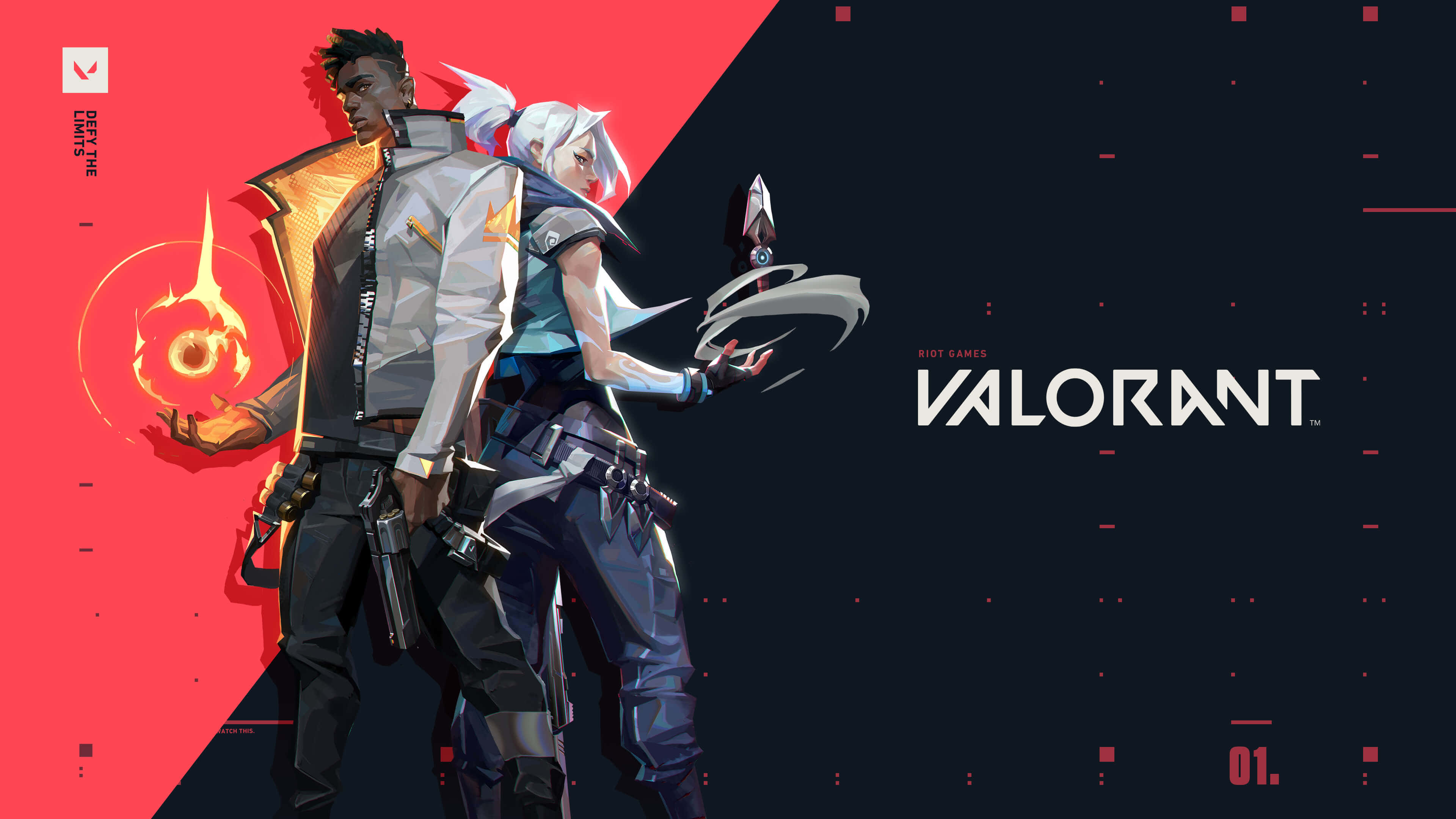 《Valorant》桌面壁紙：Jett 與 Phoenix 背對背 壁紙 — 兩名Valorant特工在一個大膽的紅黑數碼藝術場景中擺好姿勢，一個揮舞著火焰，另一個揮舞著旋轉的刀刃。