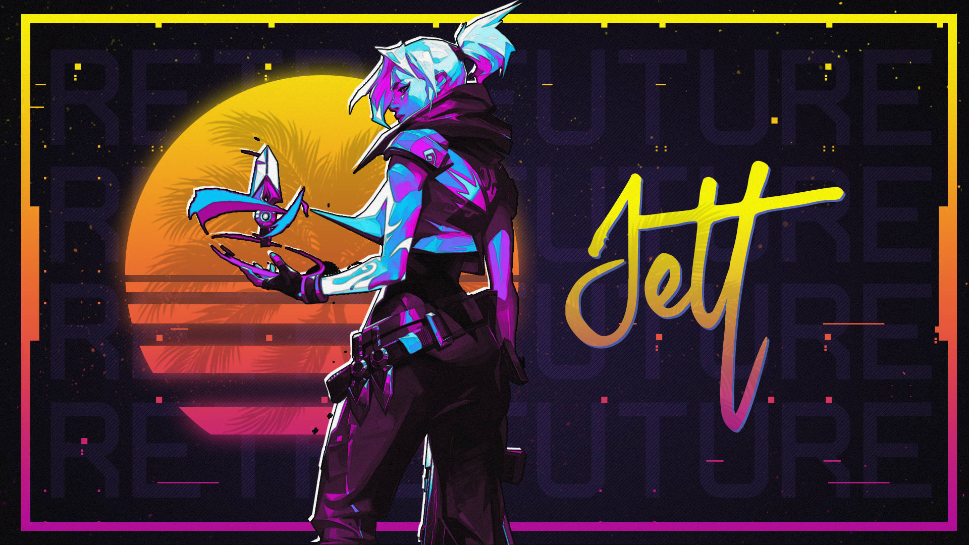 Valorant 電腦壁紙：Jett 熱帶風 壁紙 — 一個風格化的動漫角色，擁有發光的藍色頭髮，在霓虹日落背景下手持未來武器，並以粗體黃色字體顯示名稱Jett。