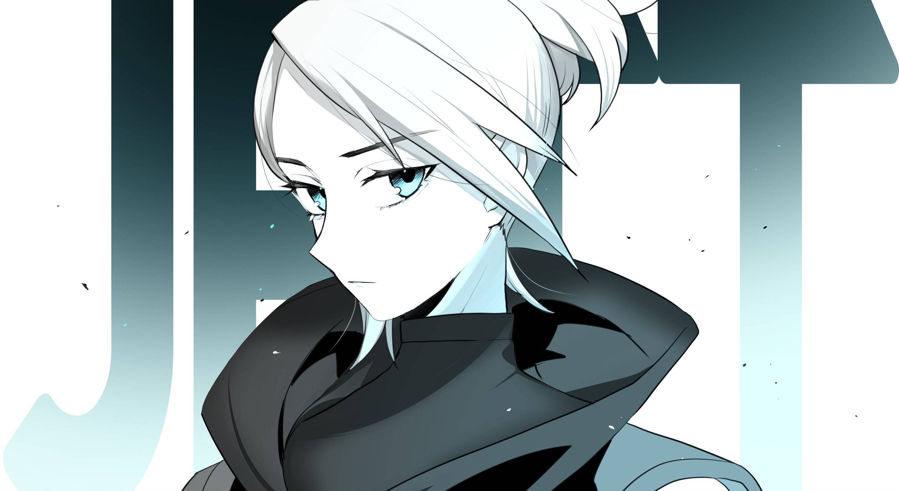 Valorant Jett 冰冷凝視 壁紙 — 一個風格化的動漫角色，白髮藍眼，側視著極簡漸變背景。