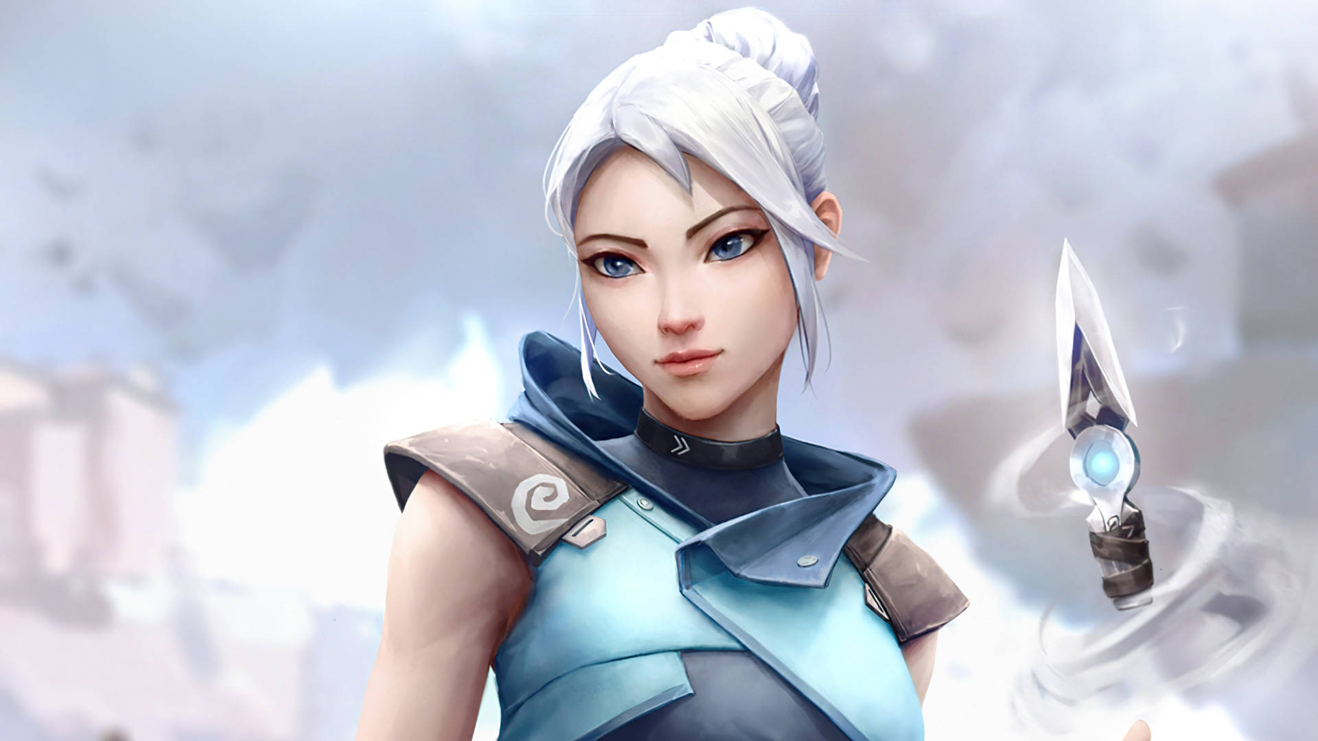 Valorant Jett 刀具武器 壁紙 — 一位銀髮藍眼的數碼藝術女戰士，在陰雲密佈的天空背景下揮舞著發光的匕首。