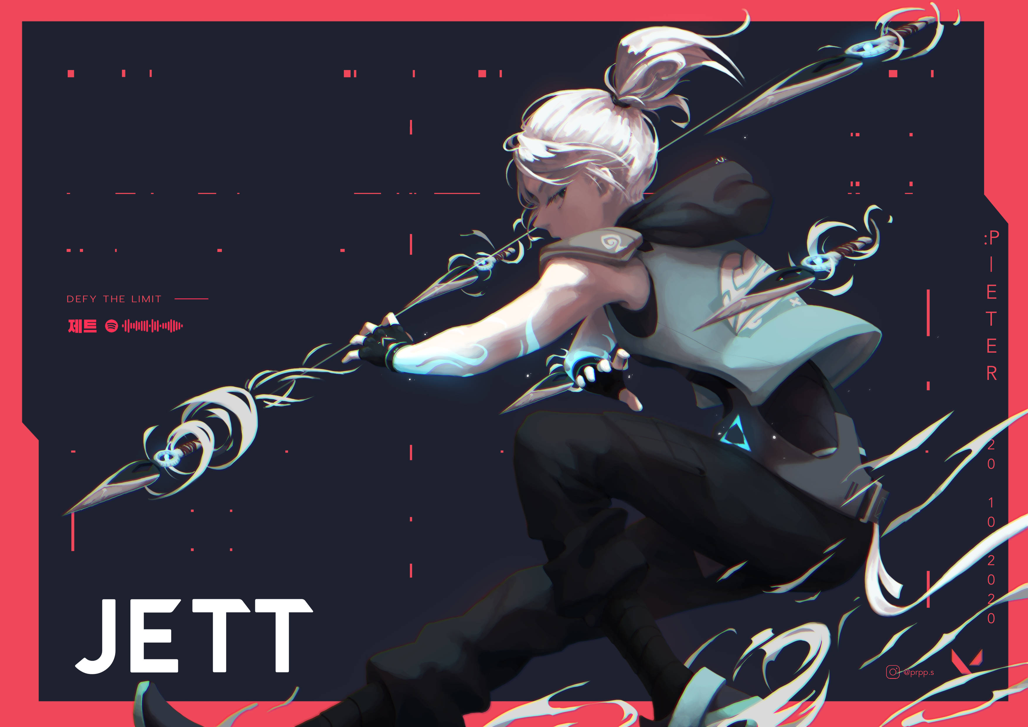 Valorant Jett 刀風斬海報 壁紙 — 一個動態動漫角色，擁有白髮和發光的藍色能量，在紅色邊框的深色數位背景前揮舞雙刃。