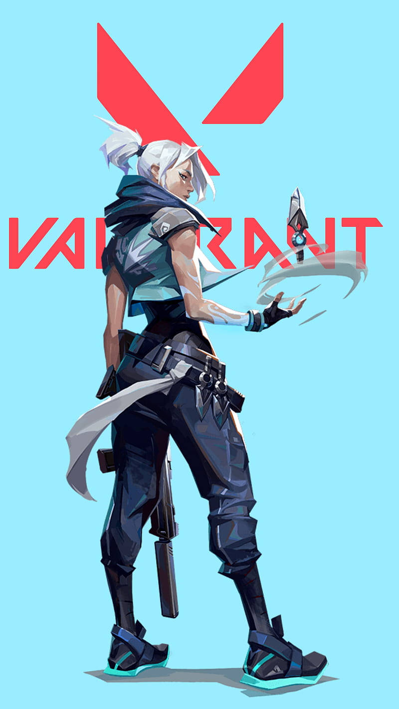 身穿戰術裝備的動漫 Valorant 角色在藍色背景上手持刀刃。