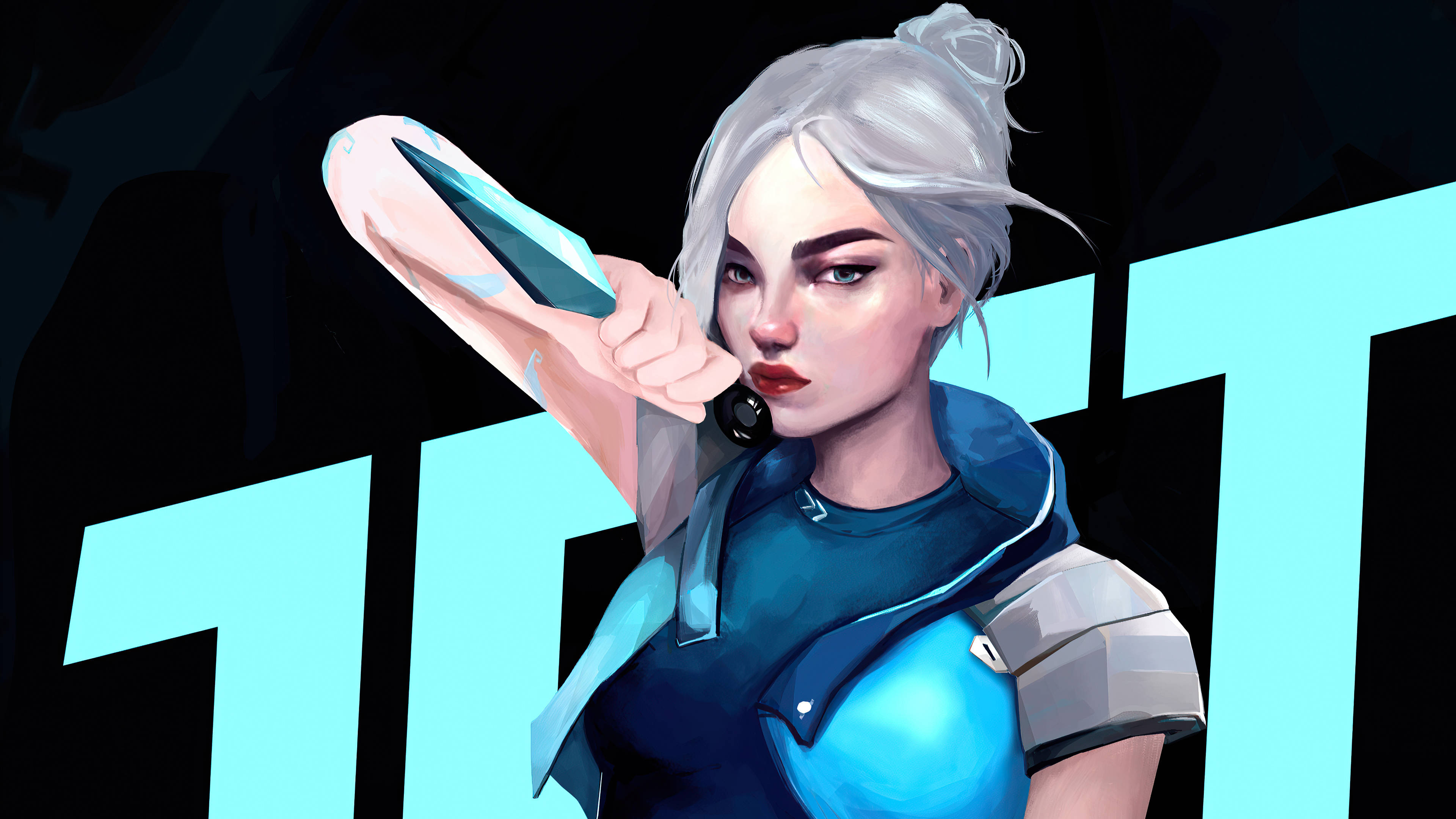 Valorant Jett 威脅視覺圖 壁紙 — 一位兇猛的動漫風格女戰士，銀色頭髮，在黑暗背景上揮舞著發光的藍色刀刃，並有粗體青色字樣。