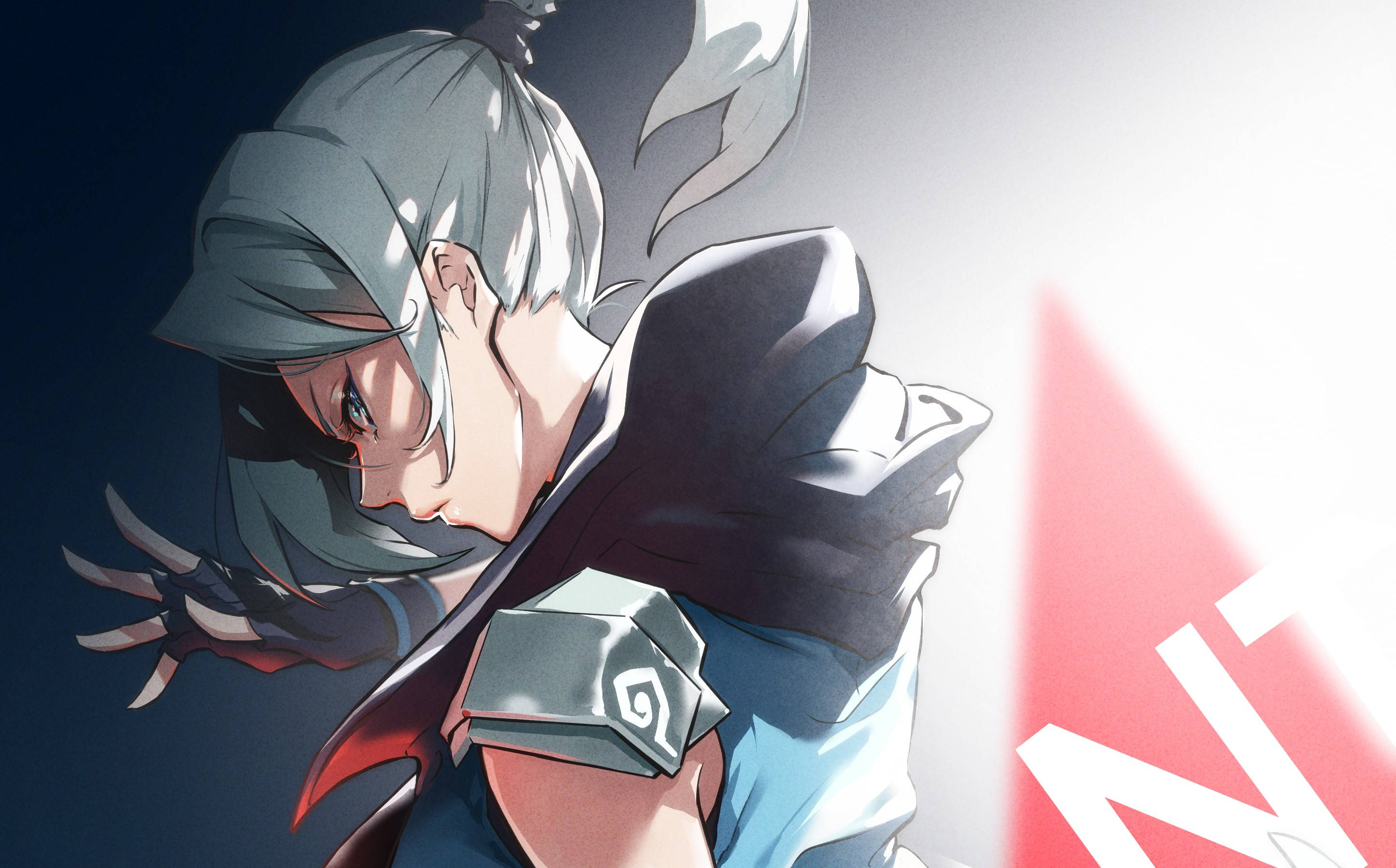 Valorant Jett 怒氣外放 壁紙 — 一個堅定的動漫角色，銀色頭髮和爪狀的手，在明亮的紅色背景前向前傾。