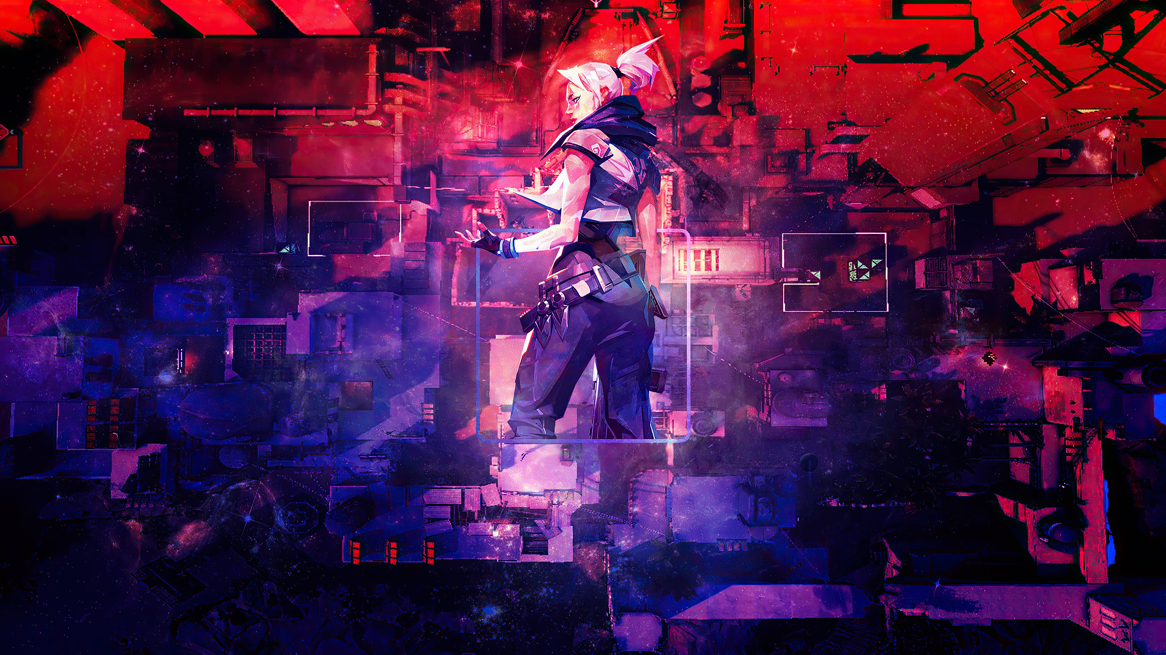 Valorant Jett 抽象藝術 壁紙 — 一個白髮的賽博龐克動漫角色站在碎片化的霓虹城市景觀中，散發著紅色和紫色的光芒。