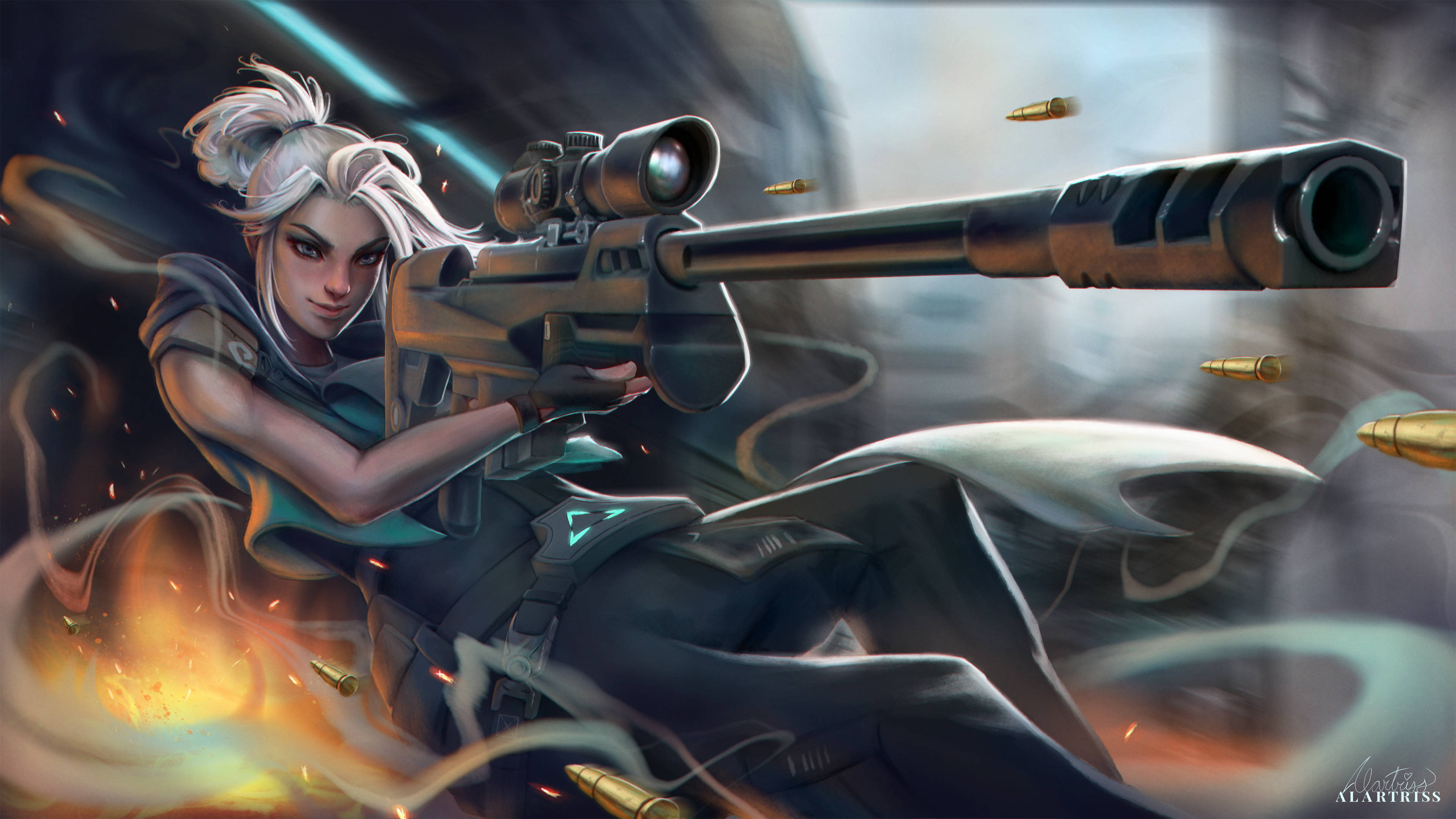 Valorant Jett 操作員火槍射擊 壁紙 — 一名白髮的兇猛女狙擊手身穿戰術裝備，發射重型步槍，子彈飛舞，身後有熾熱的爆炸。