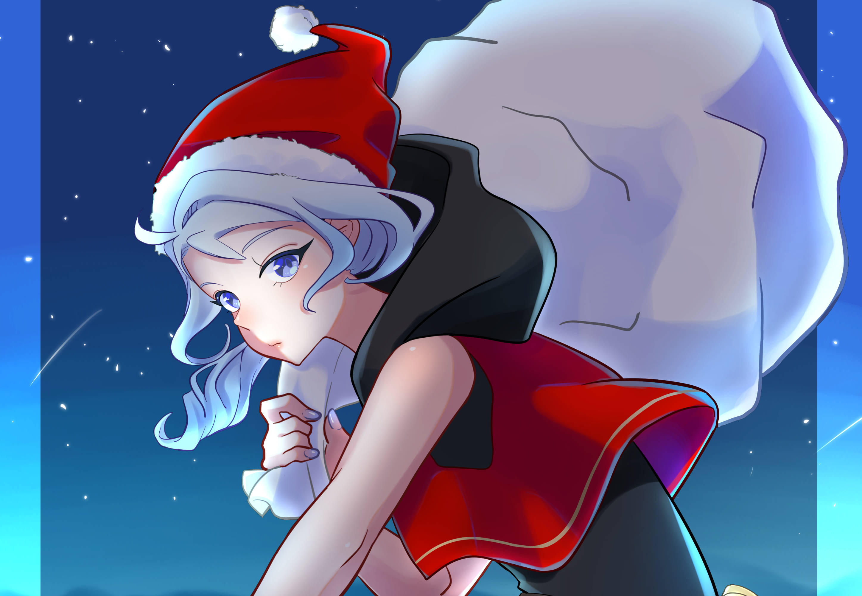 Valorant Jett 聖誕老人造型 壁紙 — 一位銀髮動漫女孩戴著紅色聖誕帽，在星空下背著一個巨大的袋子。