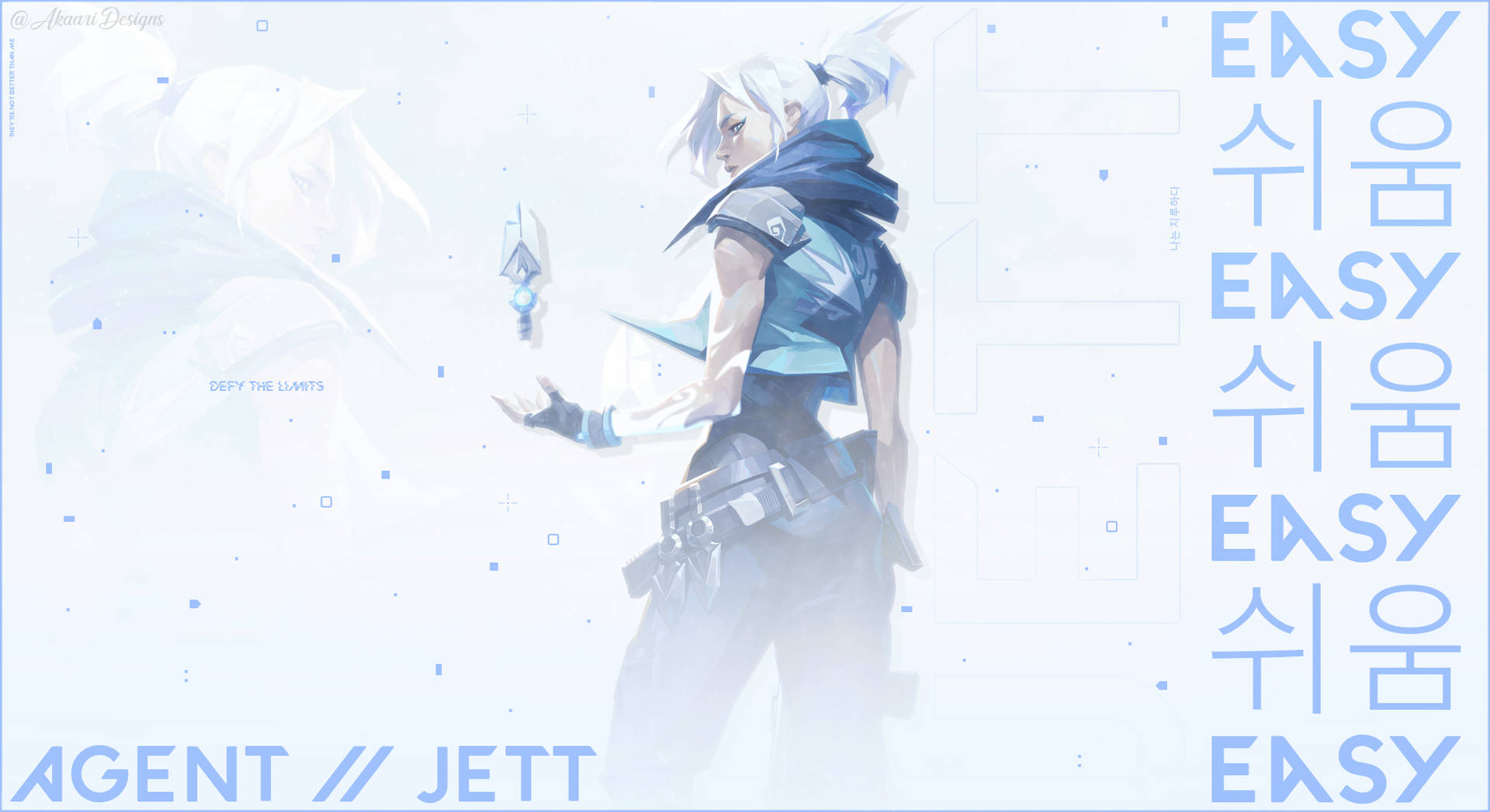 來自《Valorant》的動漫角色Jett，身處帶有韓文字的未來數位場景。