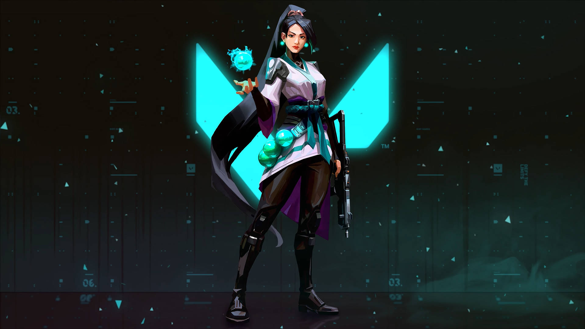 Valorant 電腦高科技 Sage 壁紙 — 一位身穿白色和紫色裝甲的 cyberpunk 動畫戰士，在帶有霓虹青綠色 V 形圖案的黑暗數位背景下，手持發光球體。