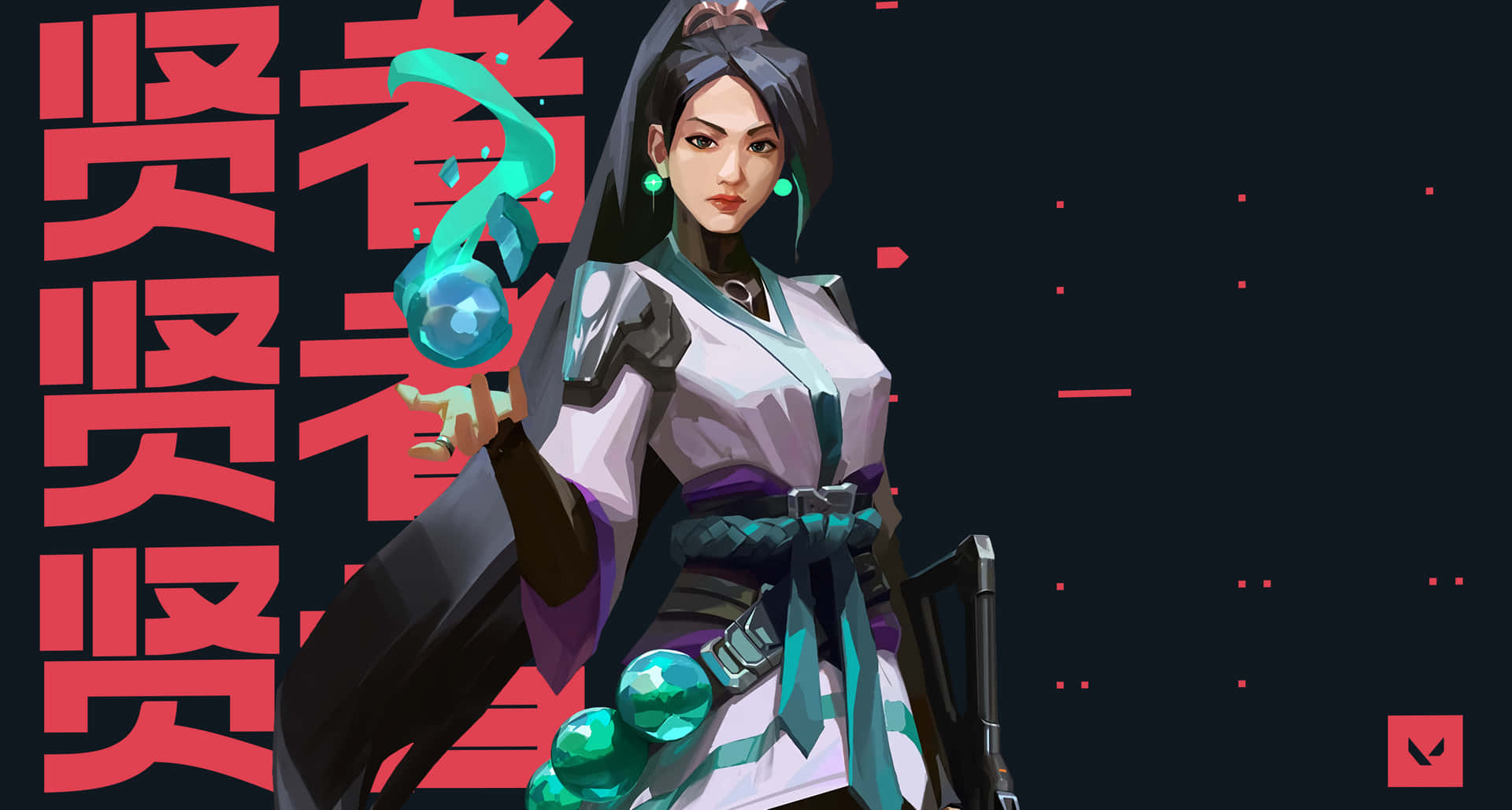 身穿白色和青綠色盔甲的動漫女戰士手持發光的藍色球體。