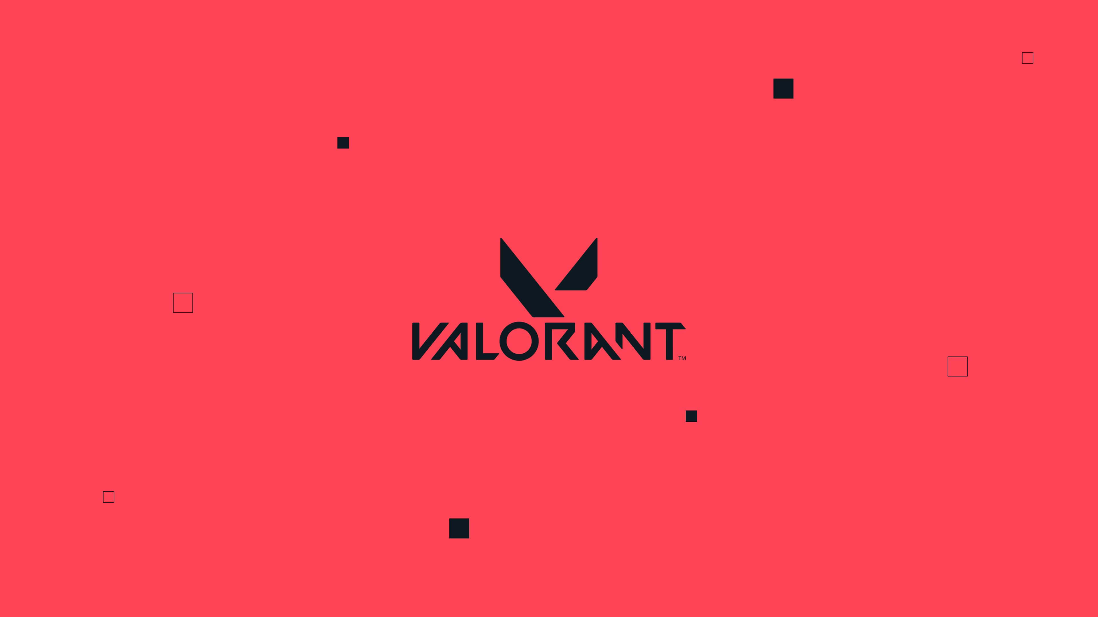 《Valorant》桌面壁紙：紅色背景標誌 壁紙 — 大膽的黑色 Valorant 標誌居中於充滿活力的珊瑚色背景上，帶有散落的幾何形狀。