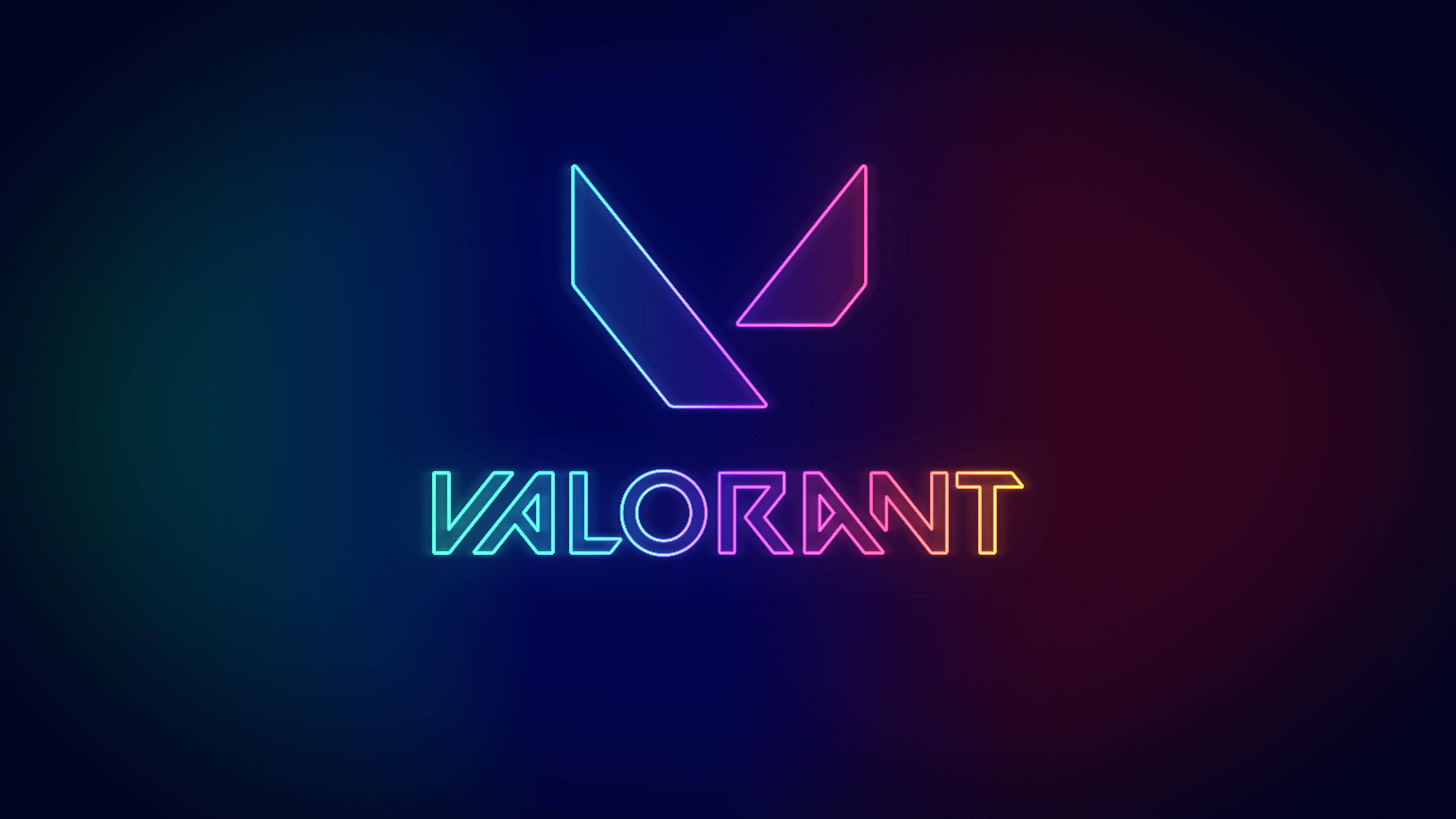 多色霓虹Valorant標誌 壁紙 — 發光的霓虹燈Valorant標誌，帶有藍色和粉紅色的漸變色調，背景為深色漸變。