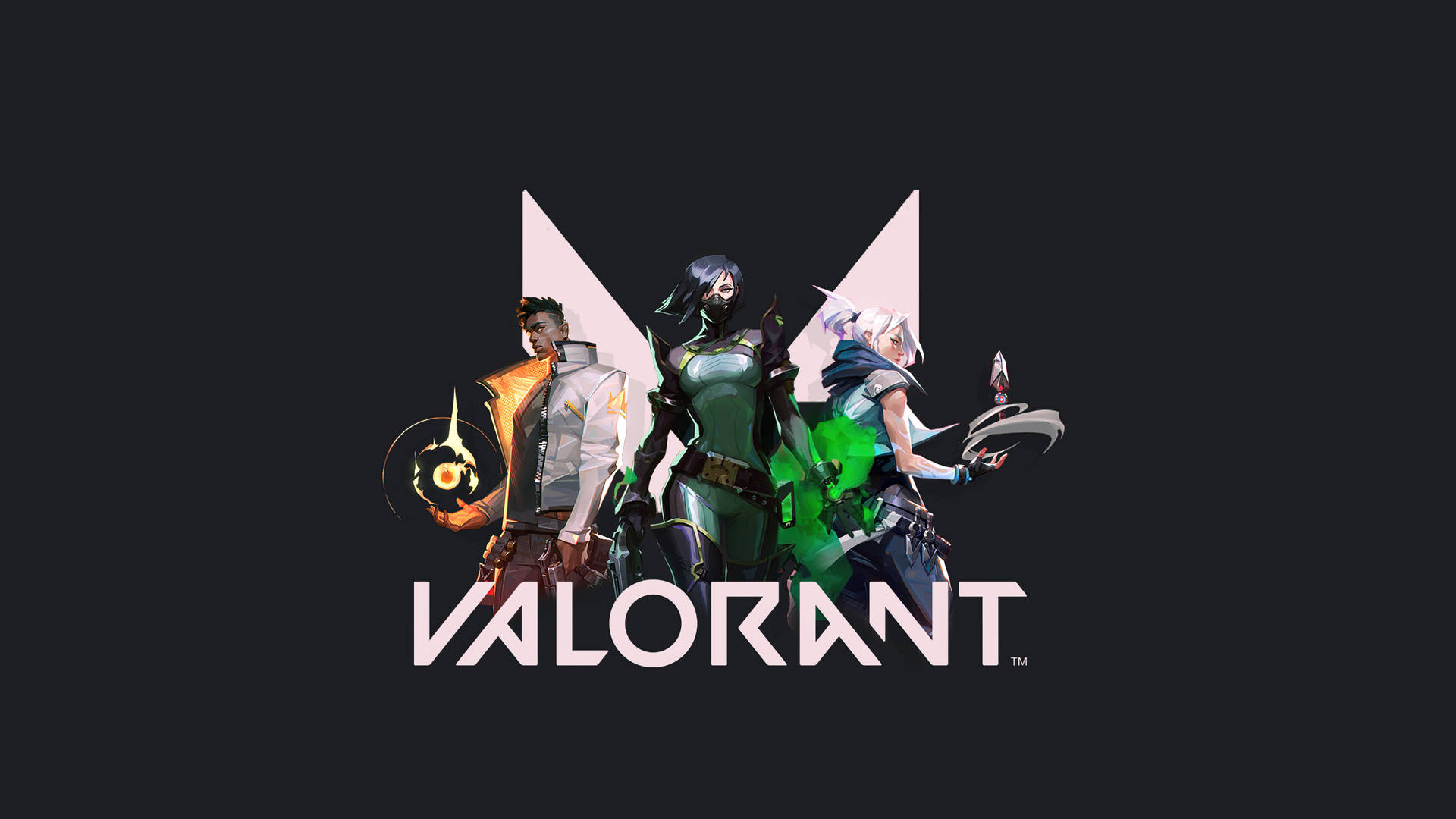 三個Valorant遊戲角色，手持發光武器和標誌，背景深色