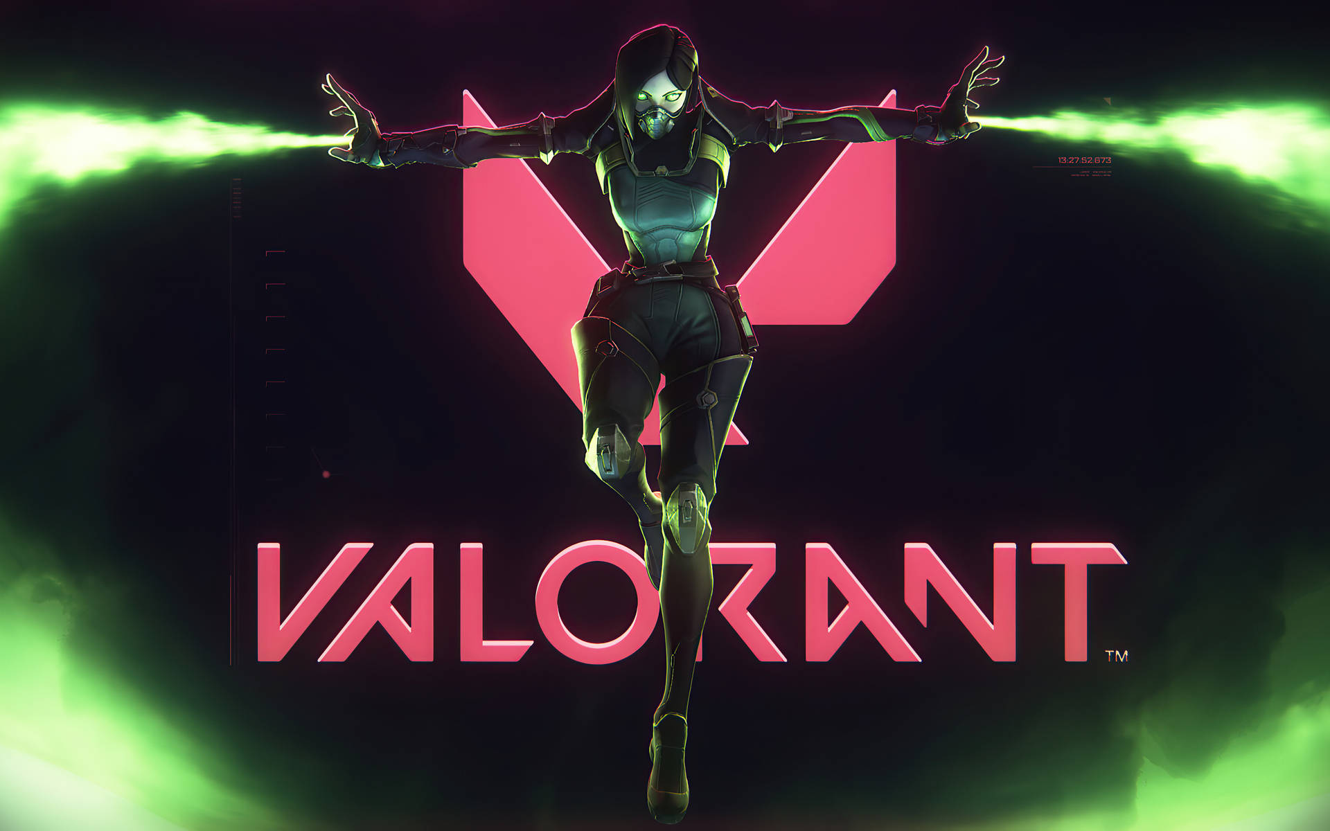 Valorant 特務在黑暗背景上漂浮，帶有綠色能量光束。