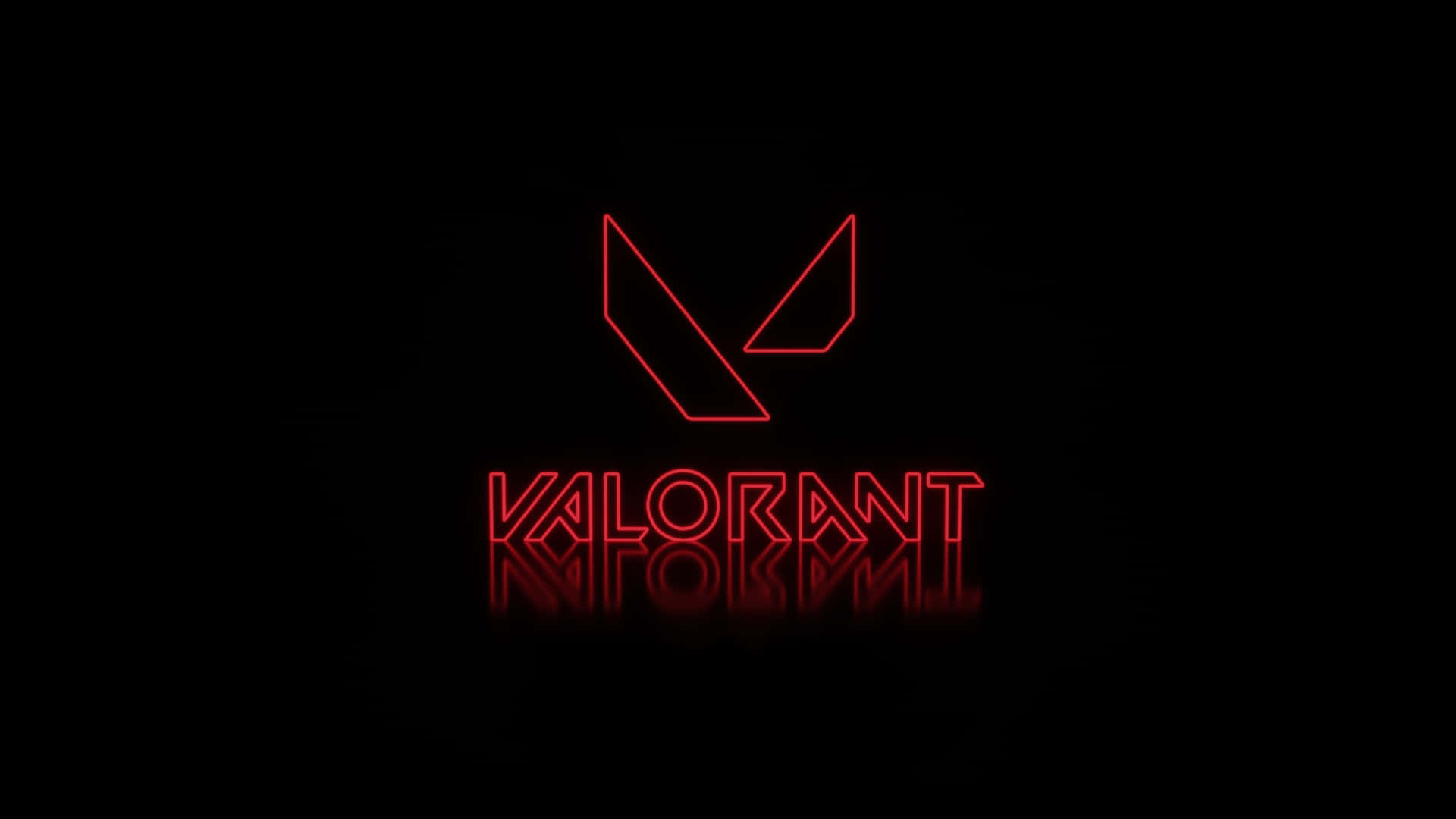 紅色霓虹燈 Valorant 標誌，在黑色背景上反射。