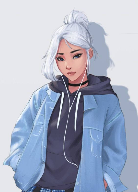 銀色頭髮的動畫女孩，穿著藍色外套和耳機