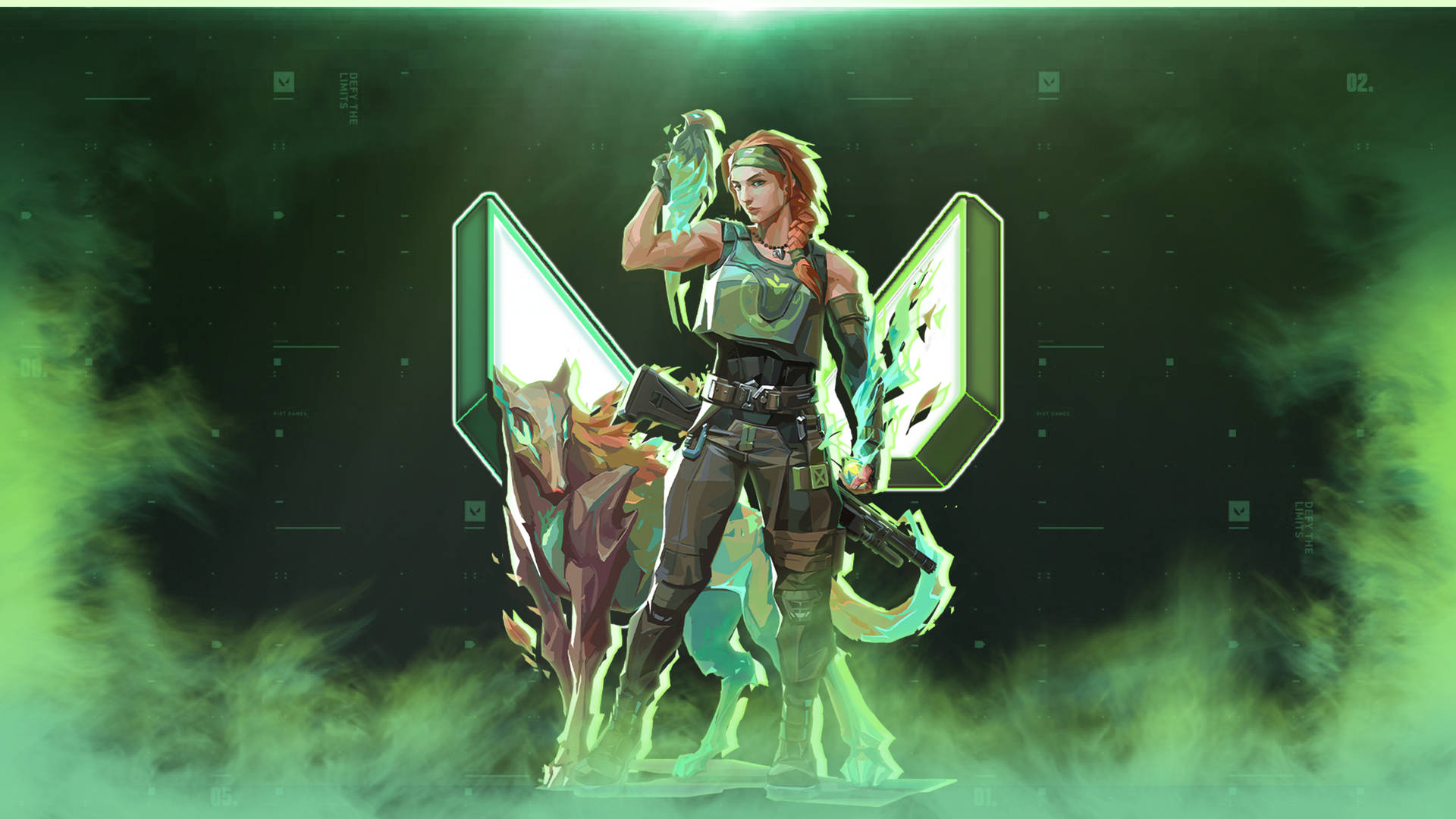 一位擁有發光翅膀和狼同伴的賽博龐克戰士，身處數位戰場。