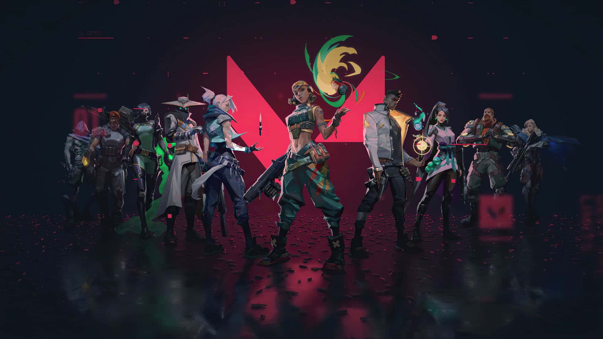 《Valorant》驚艷畫質 | 1920x1080 壁紙 — 一群風格化的電子遊戲角色站在黑暗的競技場中，閃爍著紅色和綠色的霓虹燈光。