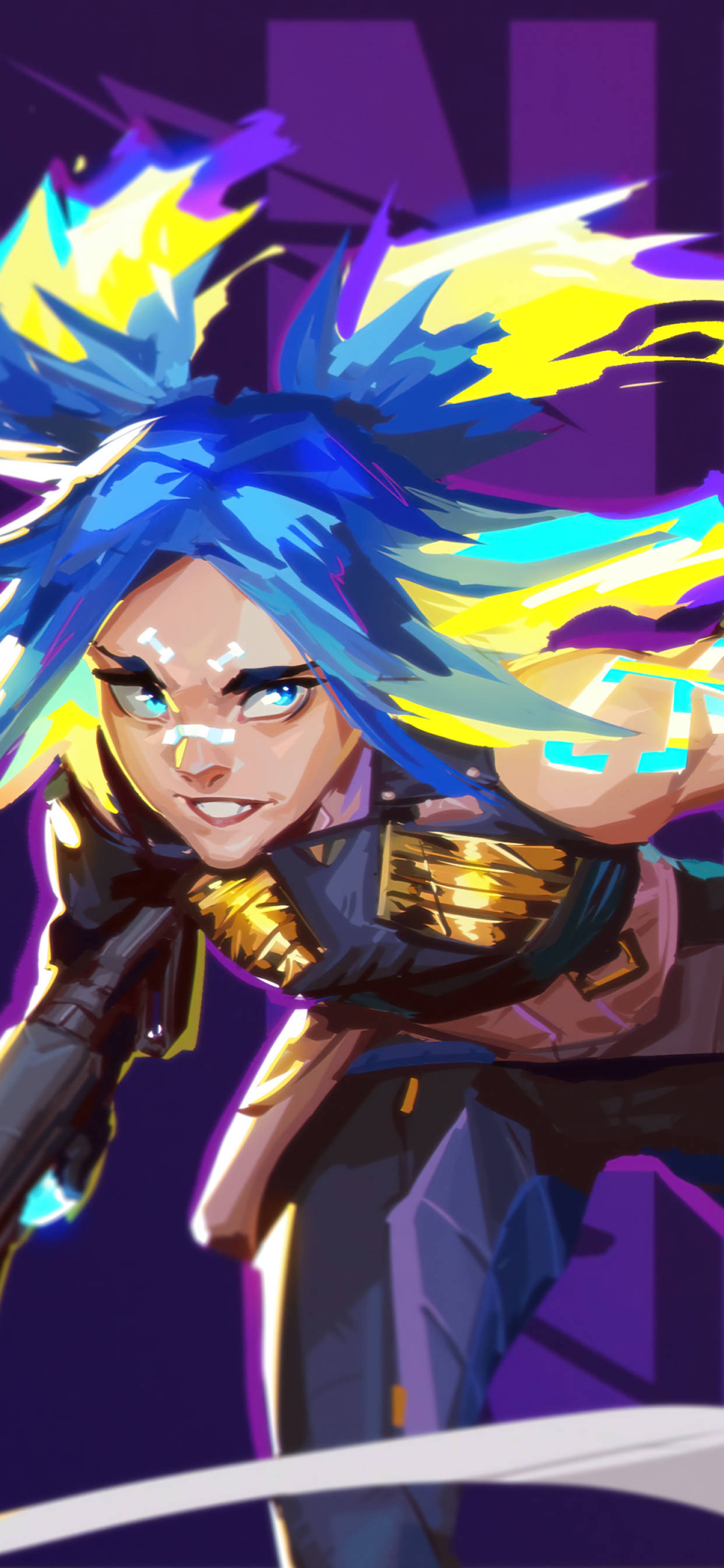 《Valorant》Fierce Neon 壁紙 — 一個充滿活力的動漫風格戰士，擁有電光藍和黃色的頭髮，在紫色背景前揮舞著發光的劍。