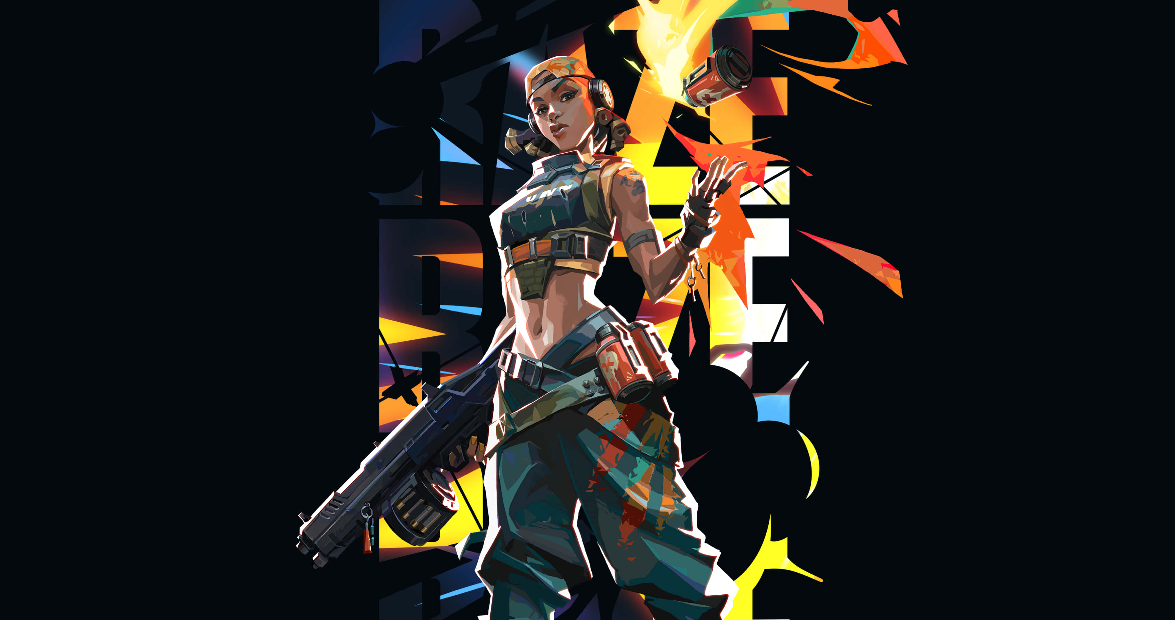 《Valorant》Raze海報藝術桌面壁紙 壁紙 — 一個風格化的女戰士拿著槍，站在充滿活力的抽象背景前，背景是火熱的橙色和電光藍。