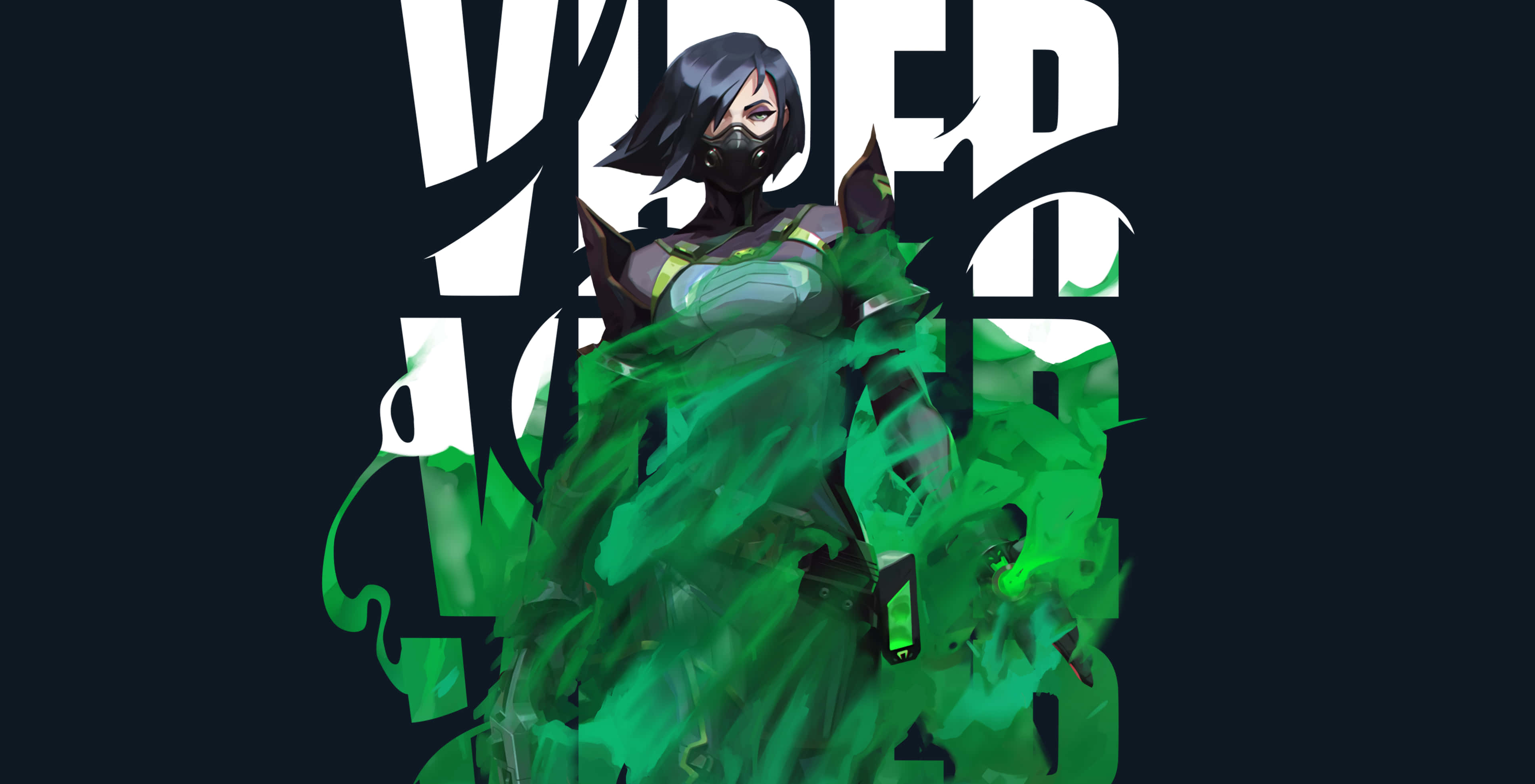 《Valorant》Viper毒氣桌面壁紙 壁紙 — 一個風格化的動漫角色，深色頭髮和面具，穿著飄逸的綠色服裝，背景為深色，帶有粗體白色文字。