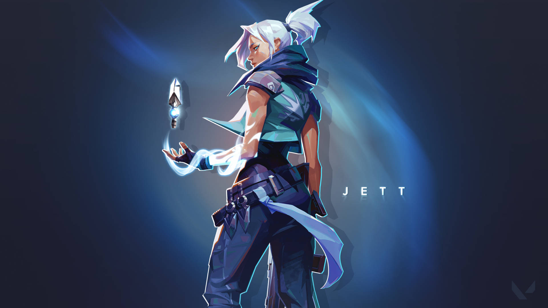 動漫角色Jett在深藍色聚光燈下手持發光武器。