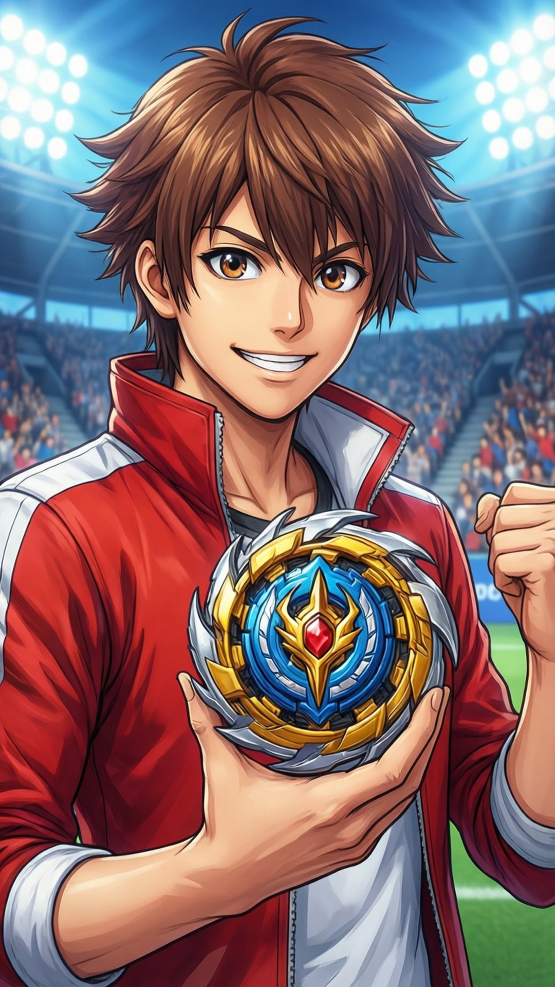 穿著紅色外套的動漫男孩在體育場中手持Beyblade，周圍有歡呼的人群。