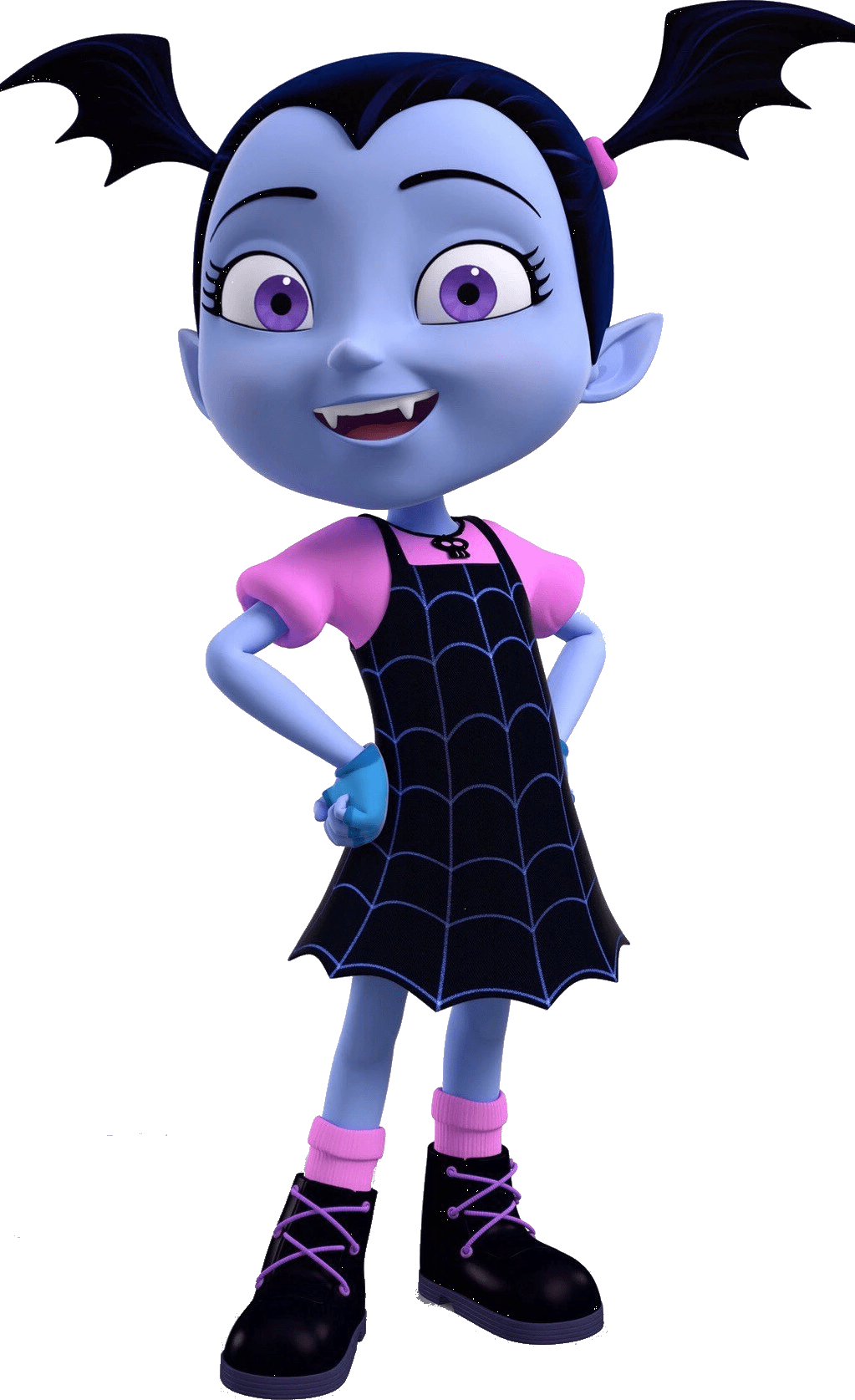 Vampirina角色姿勢 壁紙 — 一個開心的卡通吸血殭屍女孩，擁有蝙蝠耳朵和尖牙，自信地穿著蜘蛛網裙，站在純綠色背景前。