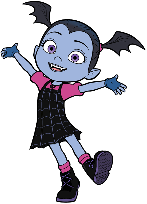 Vampirina 開心姿勢 壁紙 — 一個快樂的卡通吸血鬼女孩，長著蝙蝠耳朵和尖牙，穿著蜘蛛網裙在純綠色背景前歡快地跳舞。