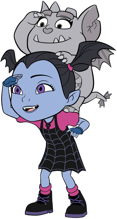 Vampirina與Gregoria動畫角色 壁紙 — 一個快樂的藍皮膚吸血鬼女孩，穿著蜘蛛網裙，肩上棲息著一隻灰色蝙蝠。