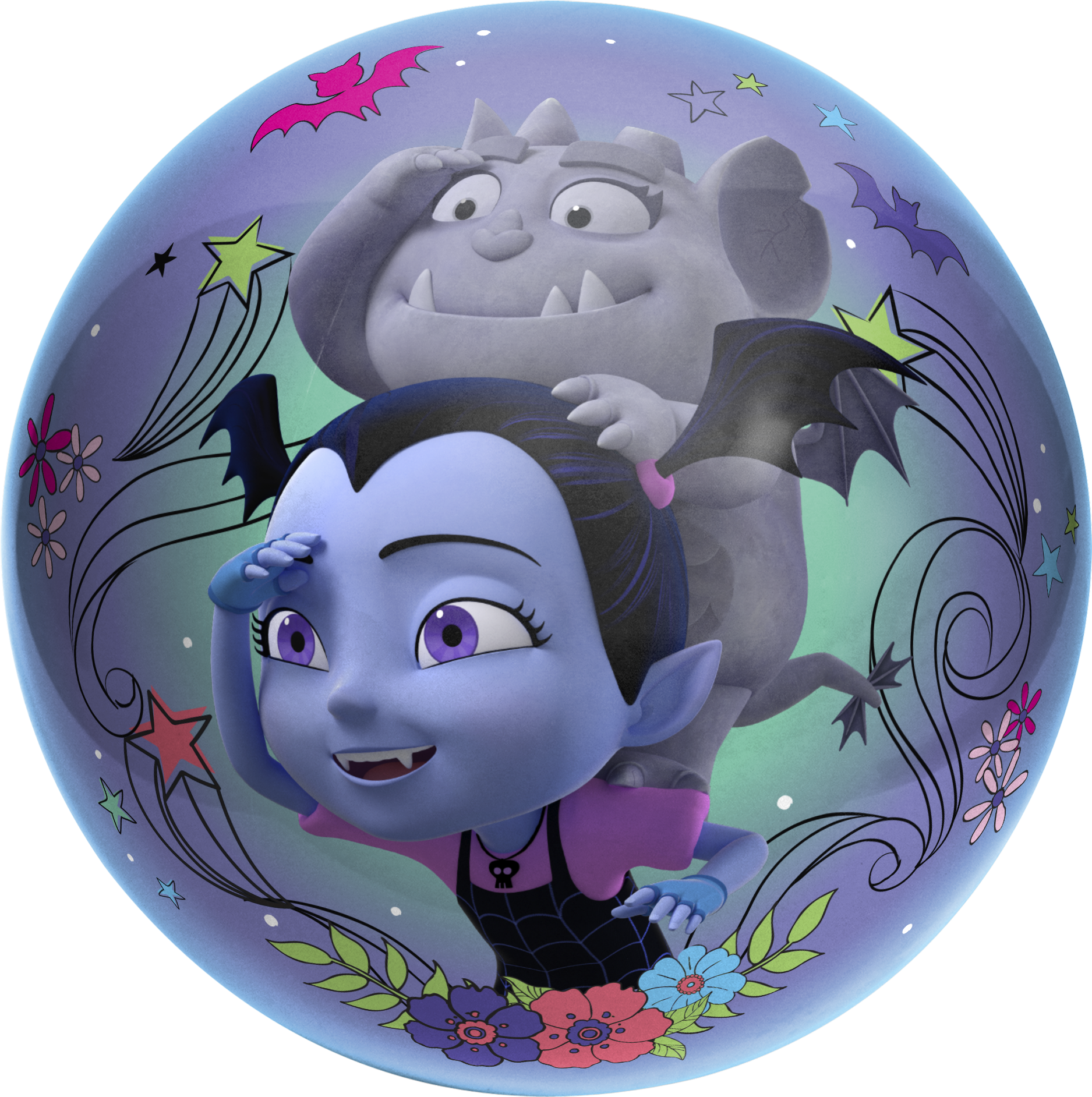 Vampirina與Gregoria卡通形象 壁紙 — 兩個卡通吸血鬼角色透過一個裝飾著蝙蝠、星星和花朵的泡泡窺視，背景是紫色漸變色。