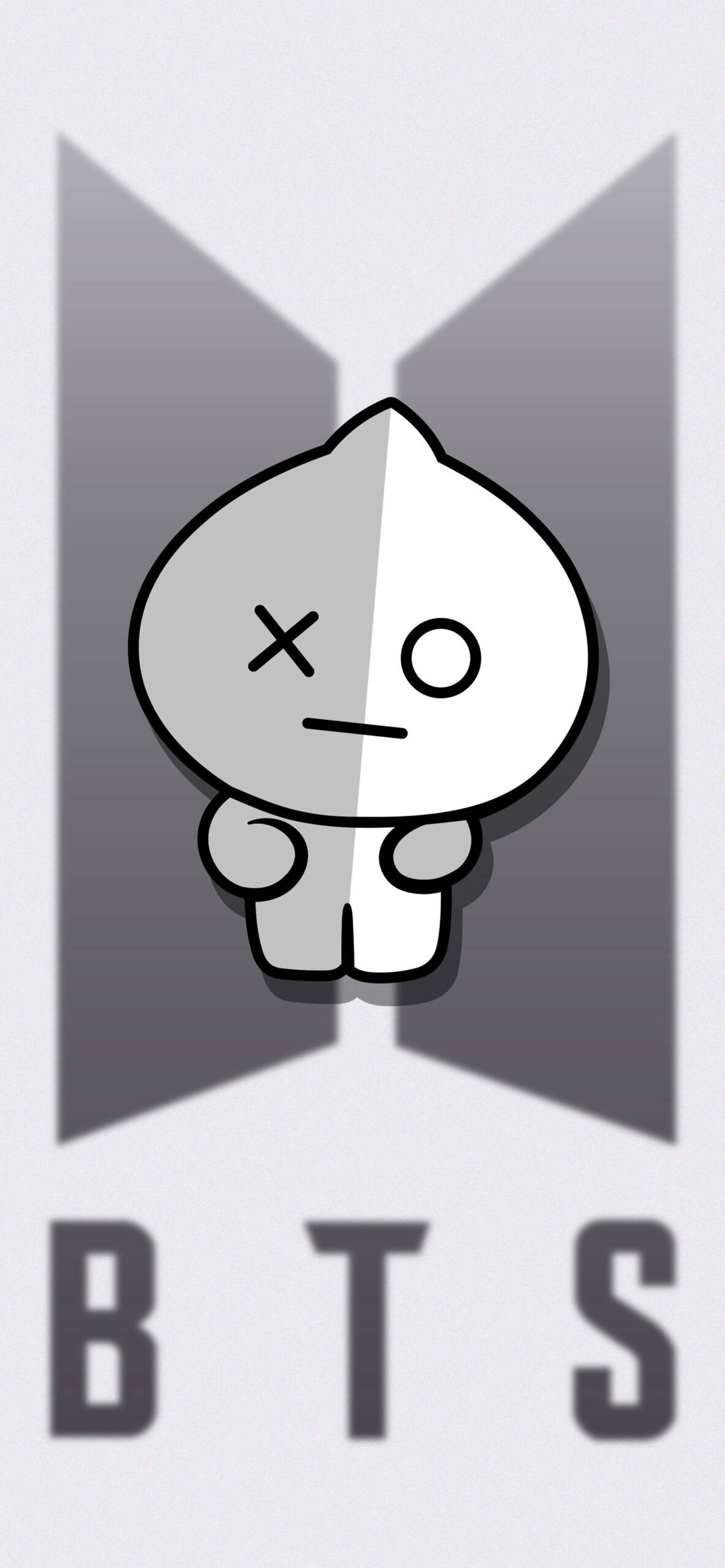 Van BT21 BTS標誌 壁紙 — 一個分裂面孔的卡通角色，一隻眼睛交叉，另一隻睜開，站在淺灰色背景上的灰色BTS標誌前。