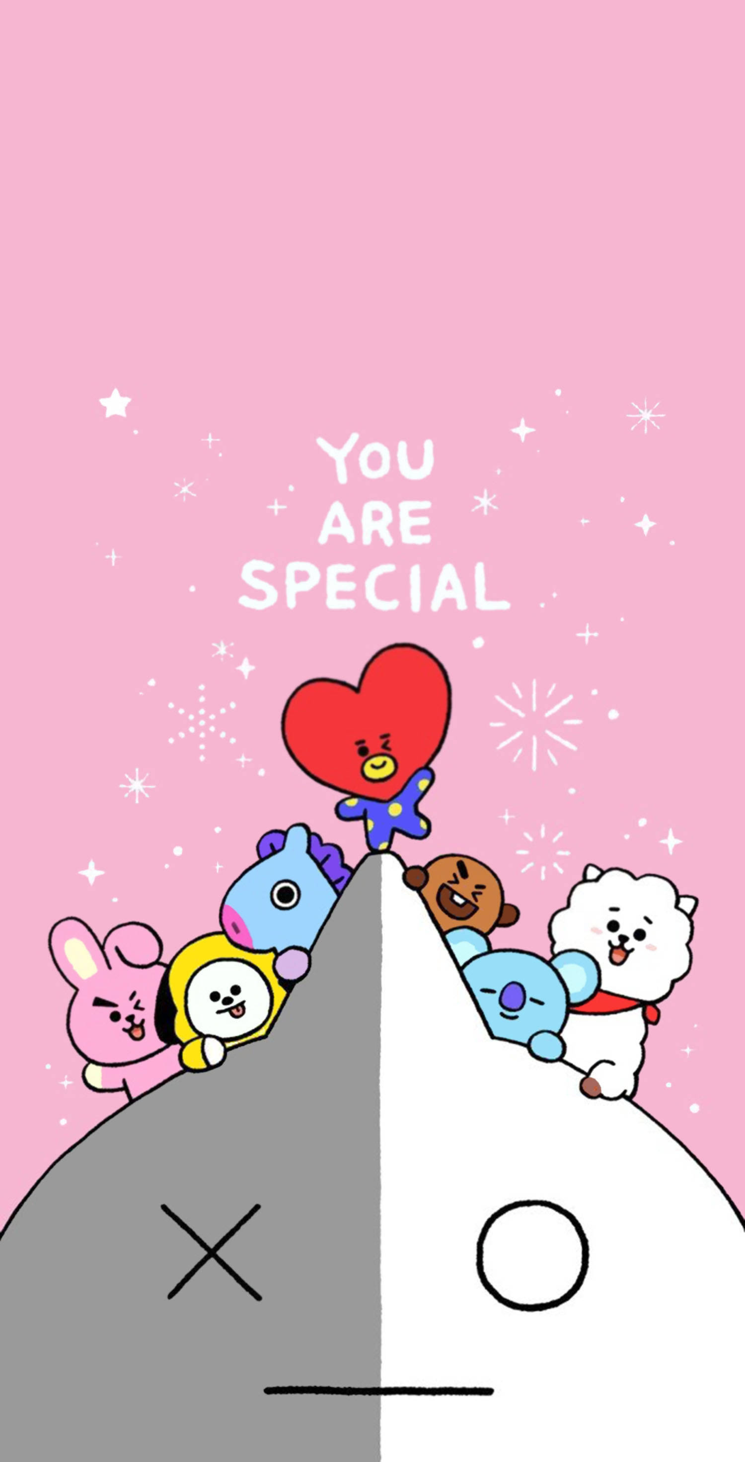 Van BT21 你很特別 壁紙 — 可愛的卡通角色在粉紅色天空、閃爍光芒和「你是特別的」文字背景下，從灰白分界的山峰頂上探出頭來。