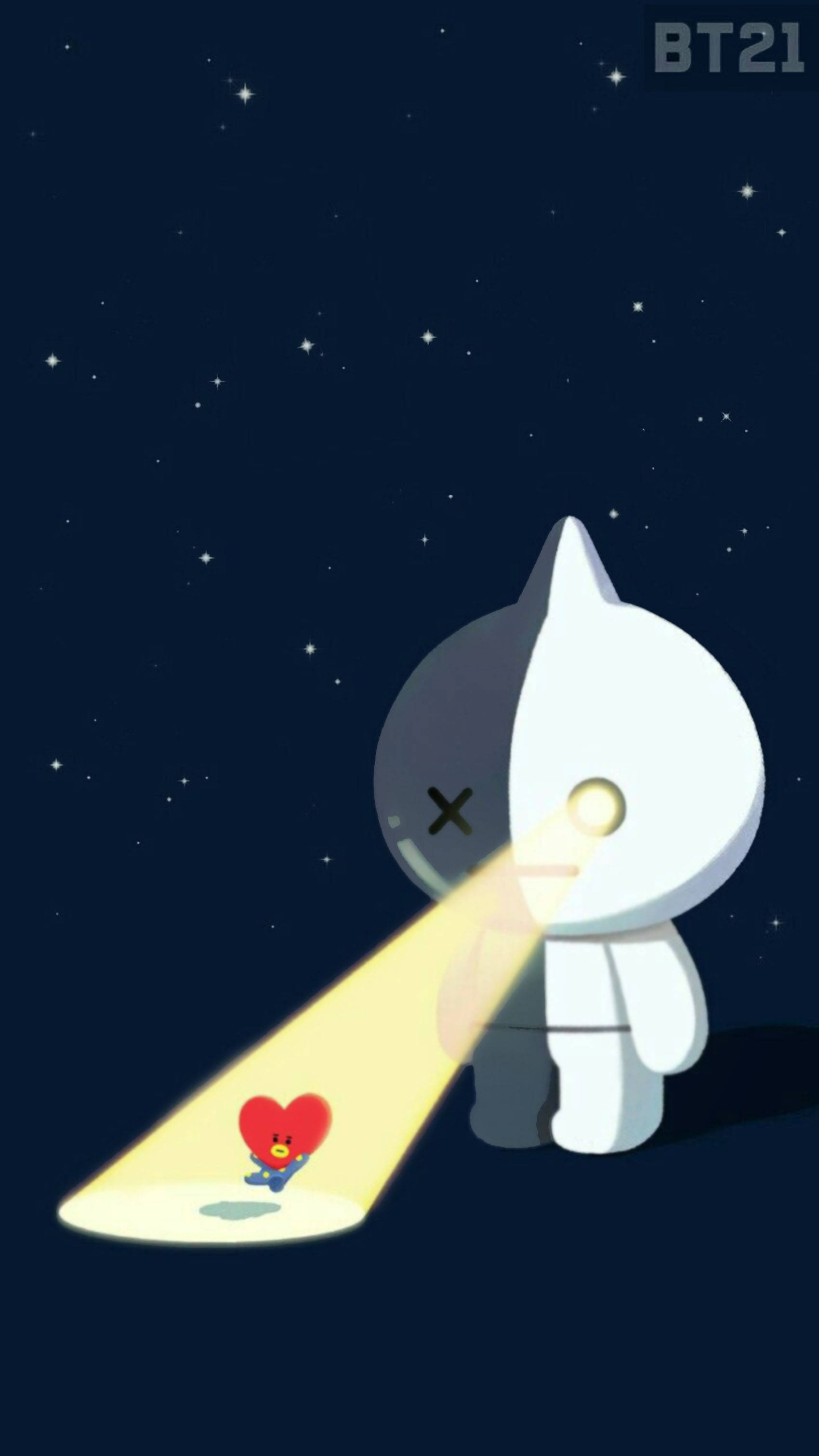 Van BT21 光束中 壁紙 — 一個白色卡通角色，有一隻發光的眼睛，在星空下將光束投射到一個細小的紅色心形角色上。