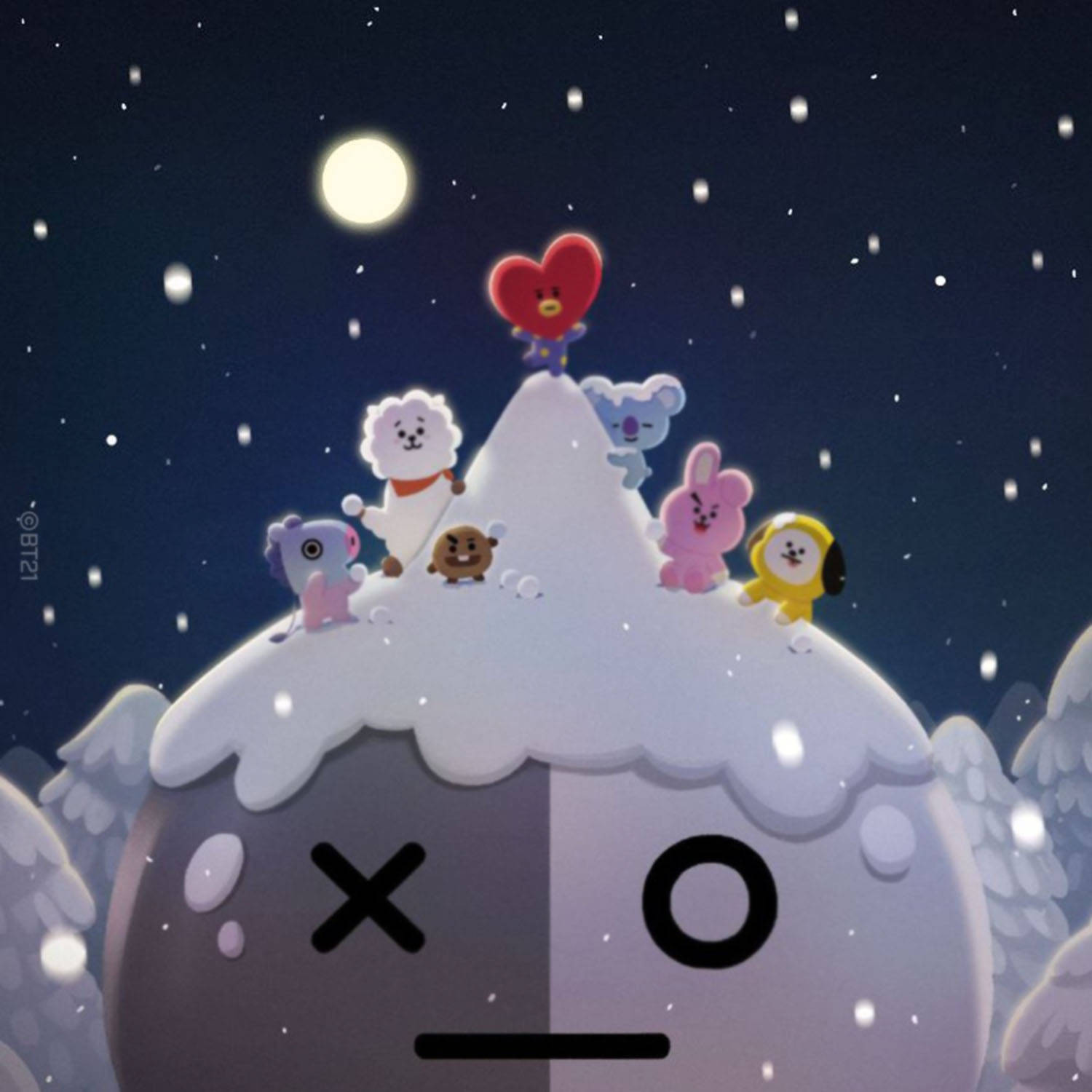 Van BT21 冬日風景 壁紙 — 卡通角色聚集在一個微笑的雪覆蓋的月亮上，在星空下。