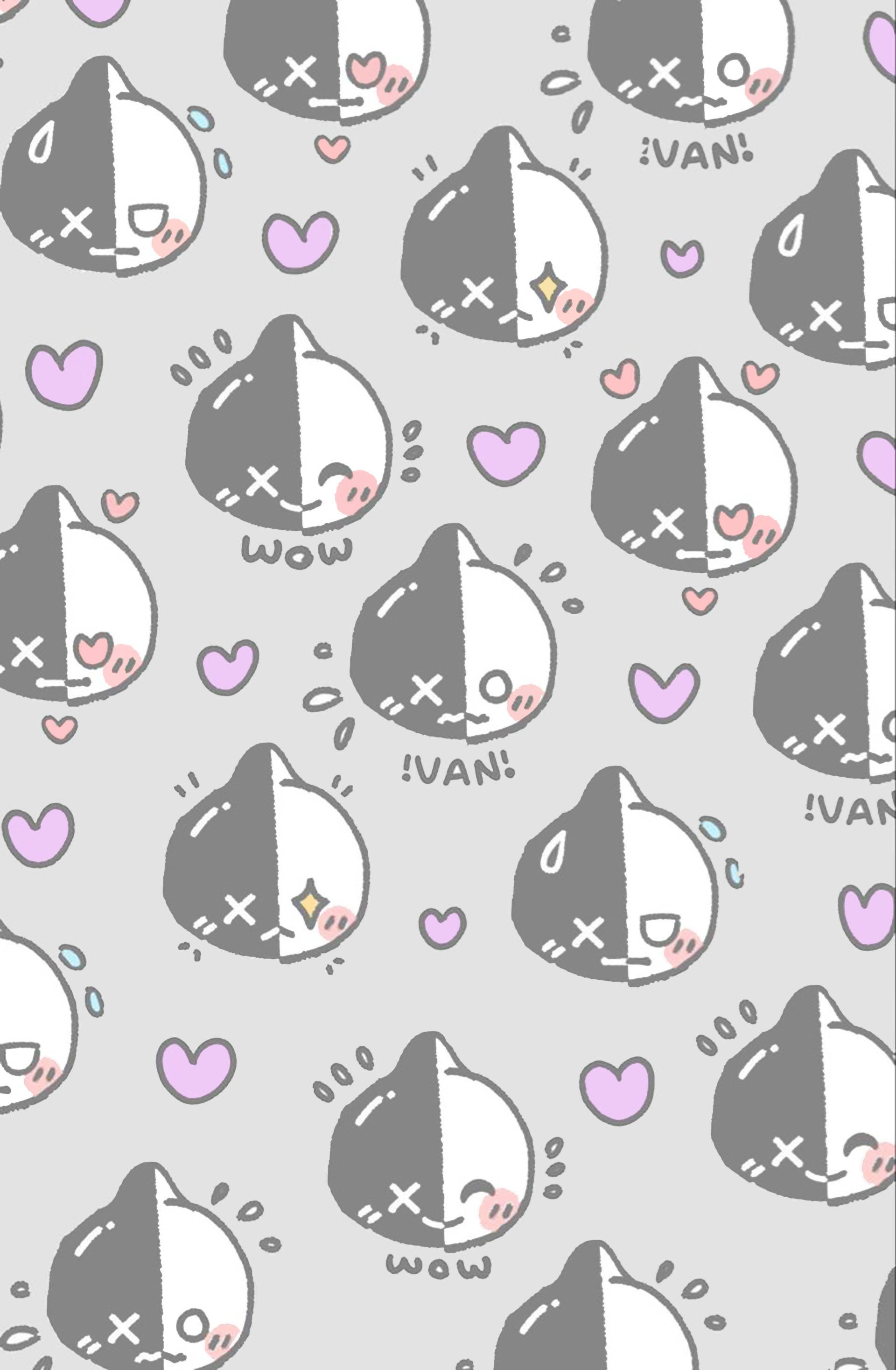 Van BT21 可愛 壁紙 — 在淺灰色背景上重複的可愛半黑半白貓臉圖案，帶有心形和對話氣泡。