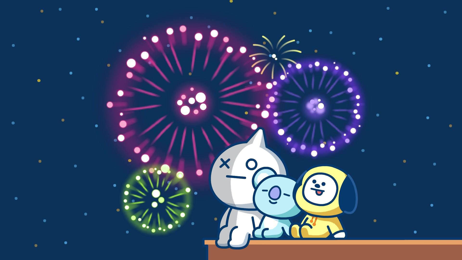 Van BT21 烟火 壁紙 — 三個可愛的卡通人物在繁星點點的夜空下觀看五彩繽紛的煙花綻放。