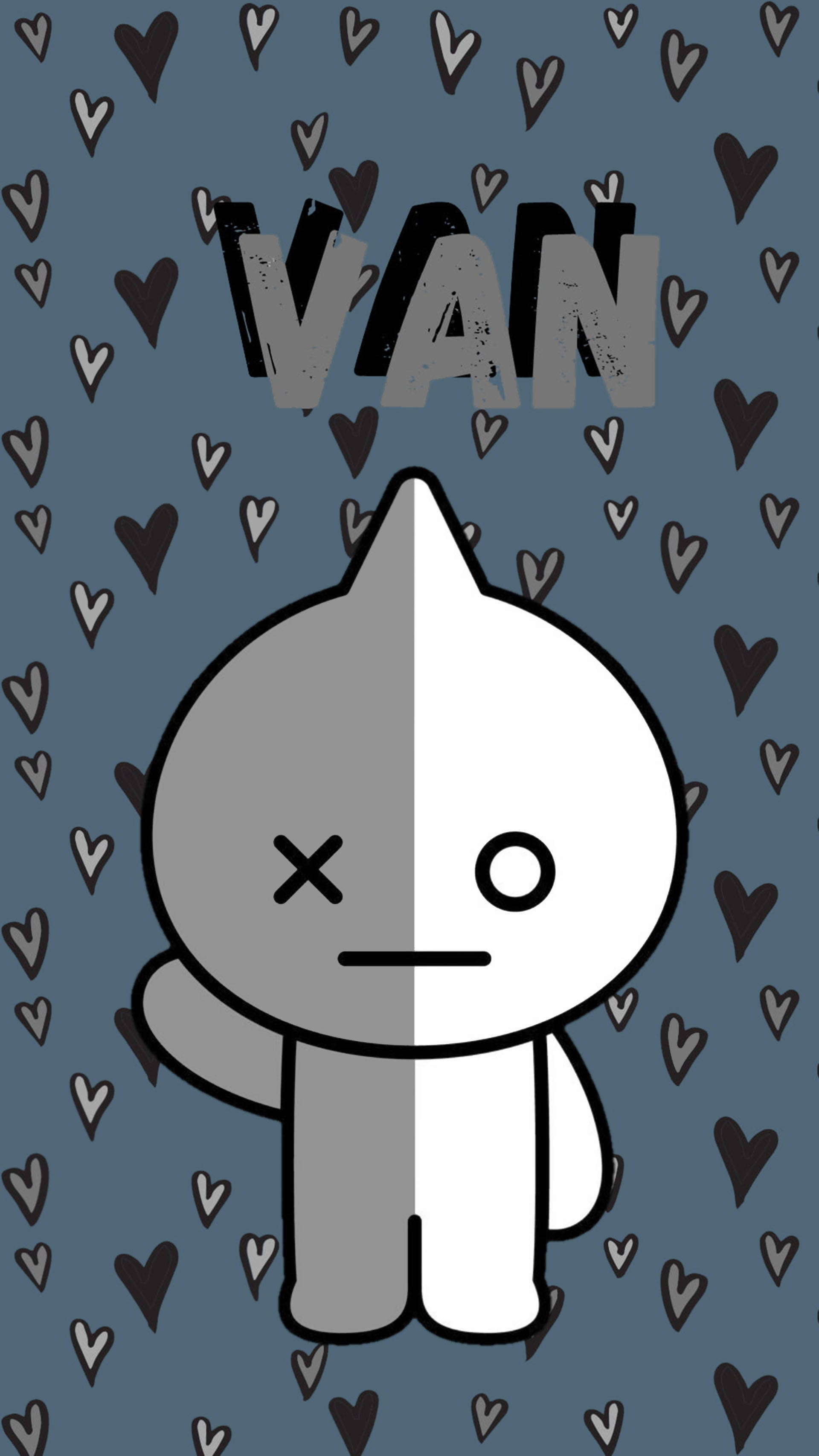 Van BT21 美麗暗心 壁紙 — 一個分為灰色和白色的卡通角色，有一隻眼睛和一隻X眼睛，站在充滿心形和VAN字樣的藍色背景前。