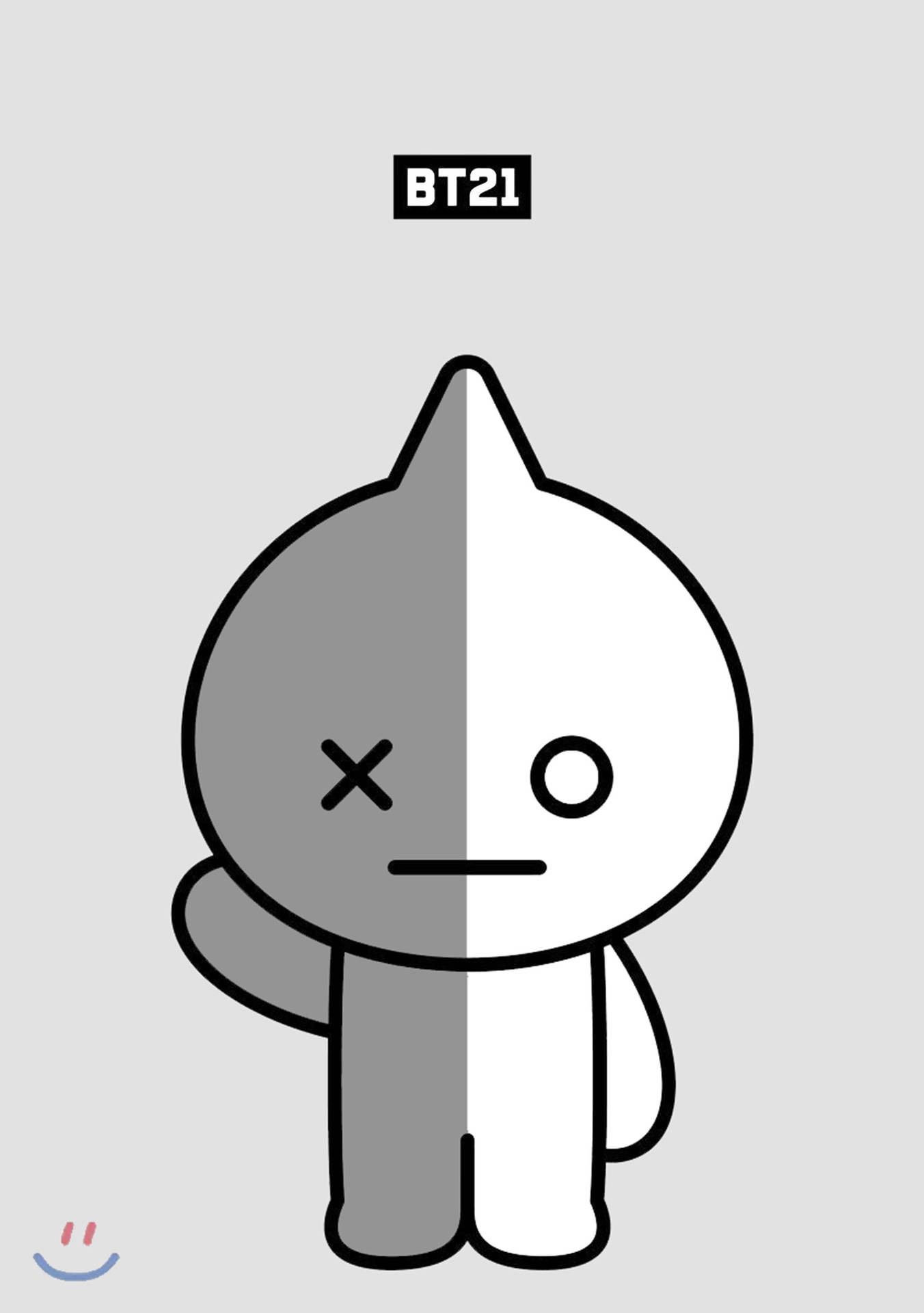 BT21角色分成兩半，灰色和白色兩側。