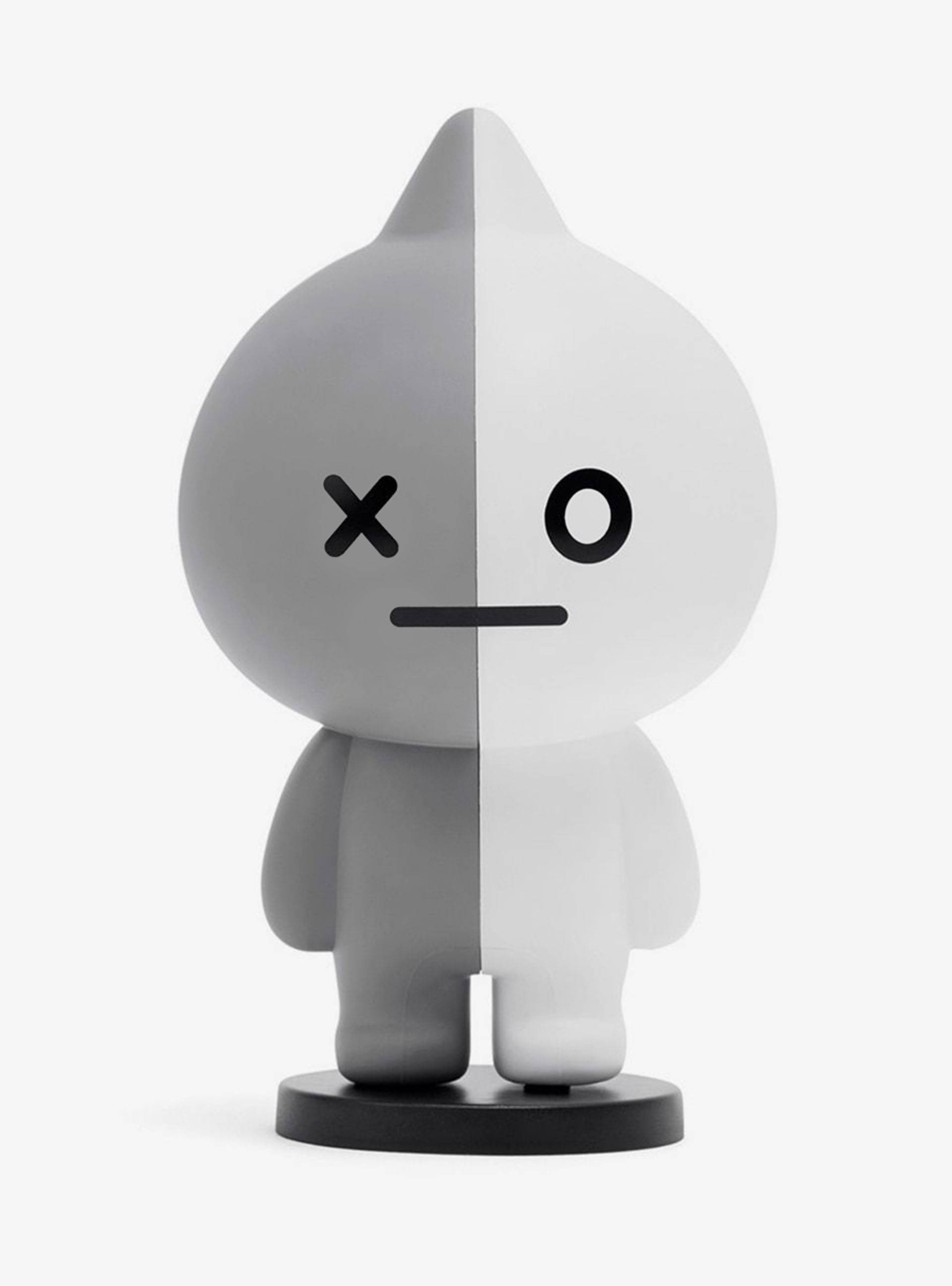 Van BT21手辦 壁紙 — 一個極簡主義人偶從中間一分為二，一側灰色，一側白色，呈現對比鮮明的面部表情。